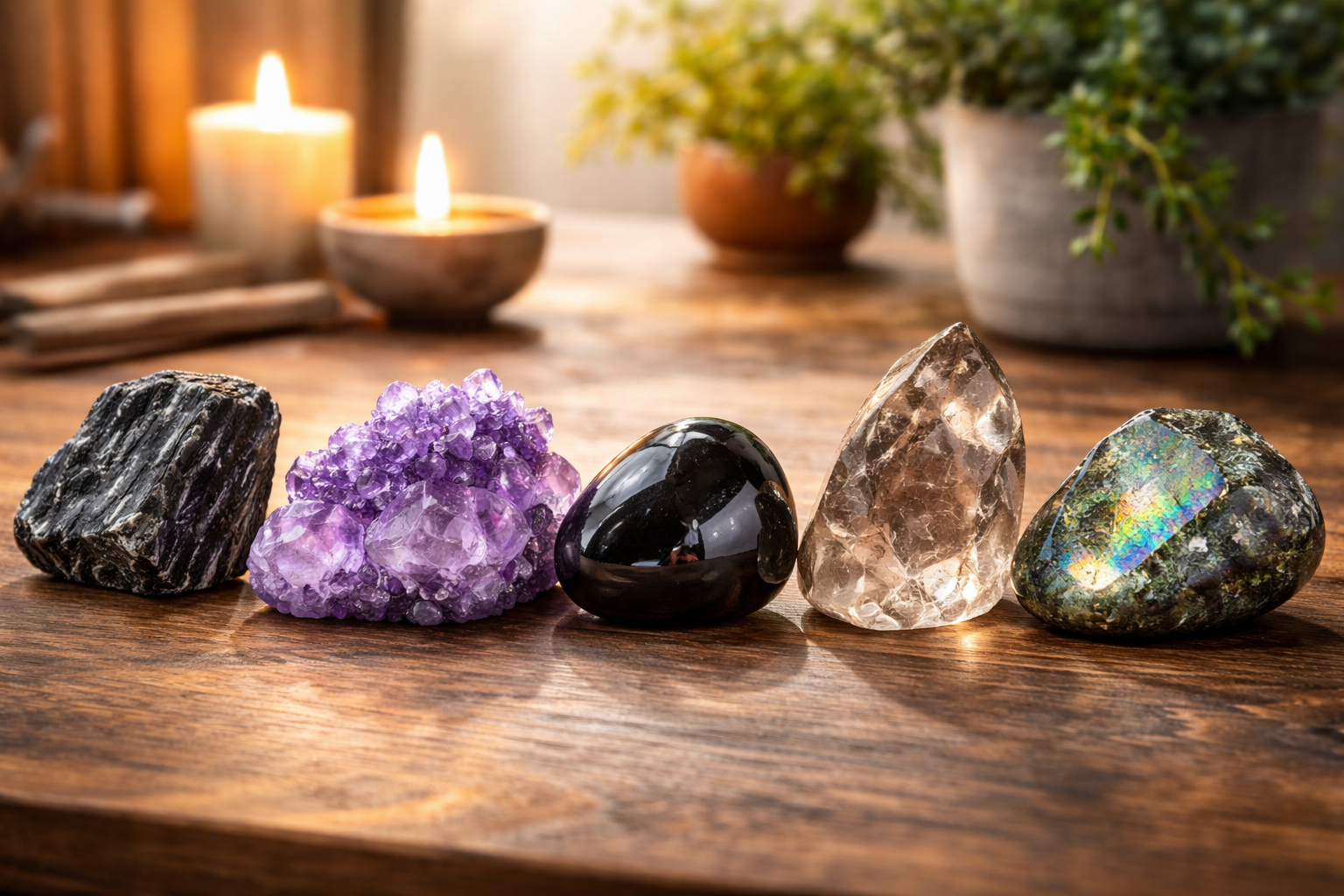 Side by side comparison of black tourmaline, amethyst, obsidian, smoky quartz, and labradorite crystals