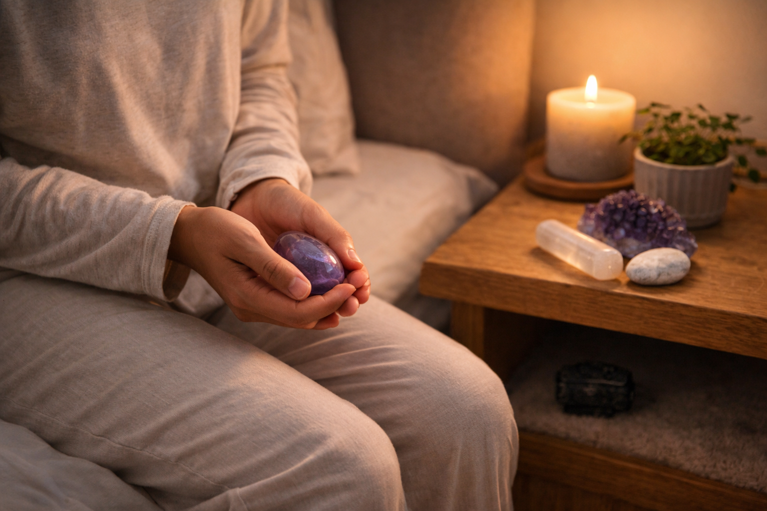 Calm bedtime crystal ritual with a person holding a crystal beside a dimly lit bed and nightstand