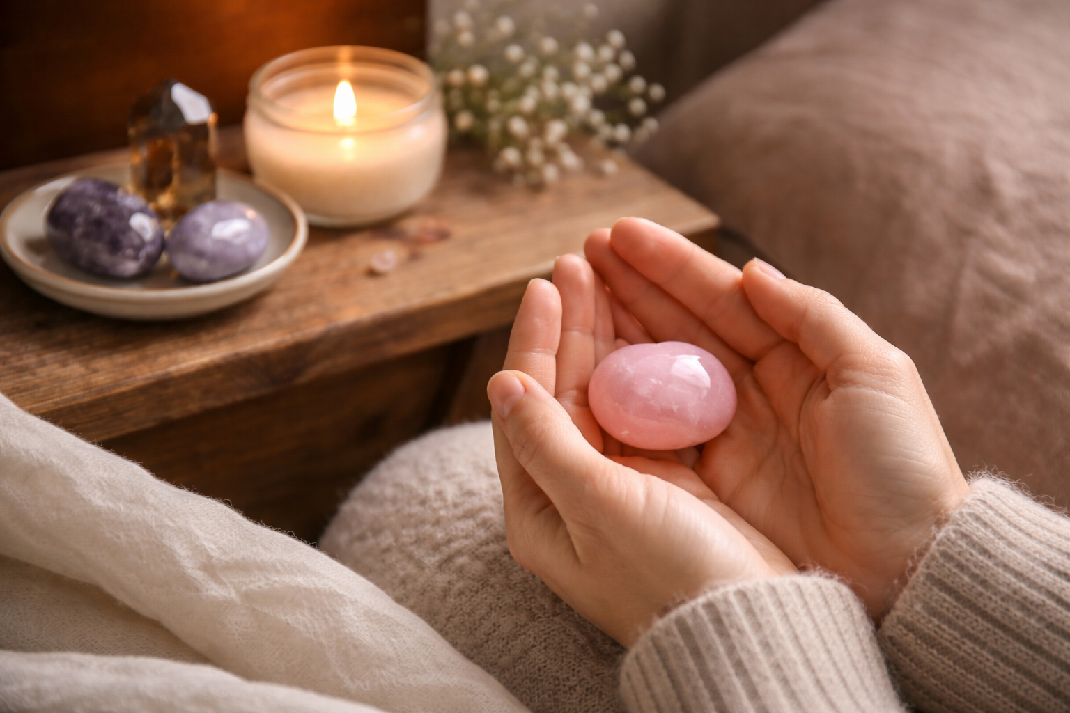 Small grief ritual setup with a crystal on a bedside table beside a candle and journal