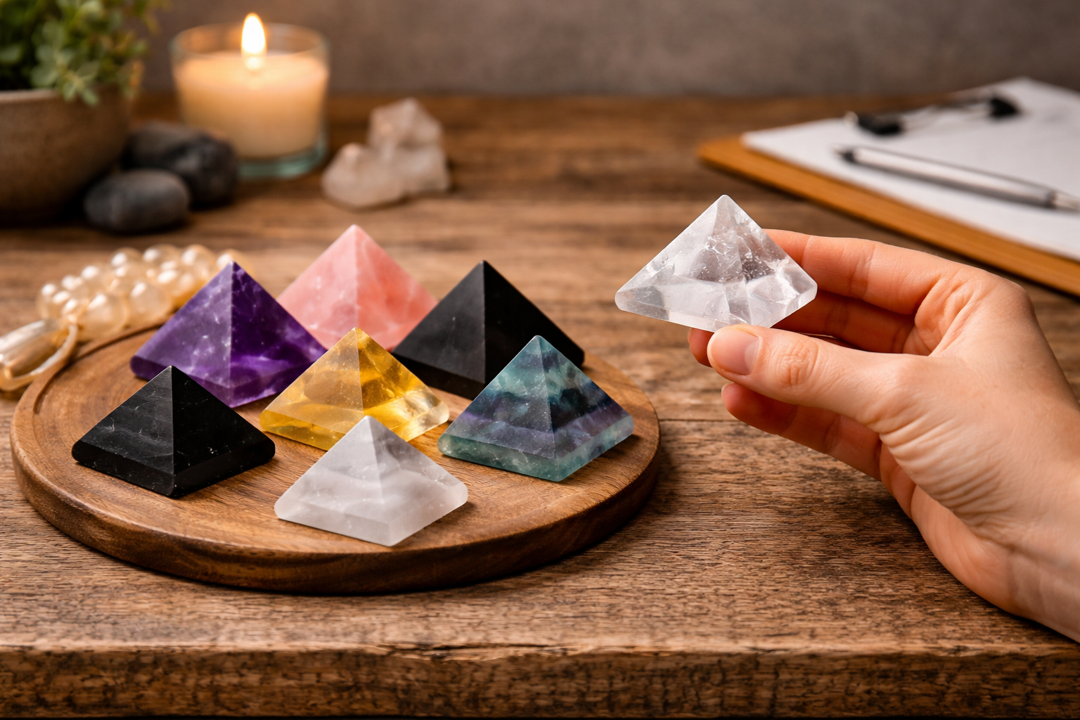 7 Best Pyramid Crystals for Healing, Ranked by Need 4 Close-up of crystal pyramids showing flat bases, polished surfaces, natural stone patterns, and an orgonite pyramid comparison