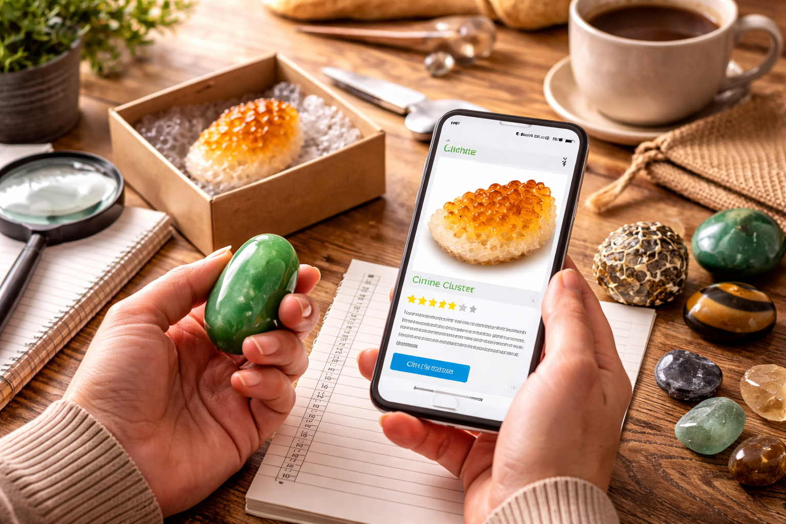 Different crystal forms including tumbled stones, bracelet, tower, and palm stone in natural light