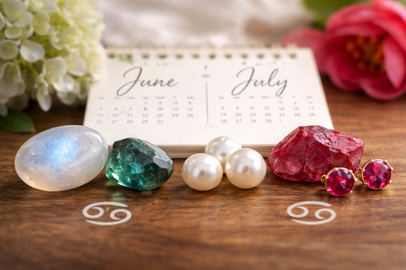 Comparison of Cancer birthstones and zodiac crystals including pearl, moonstone, and ruby