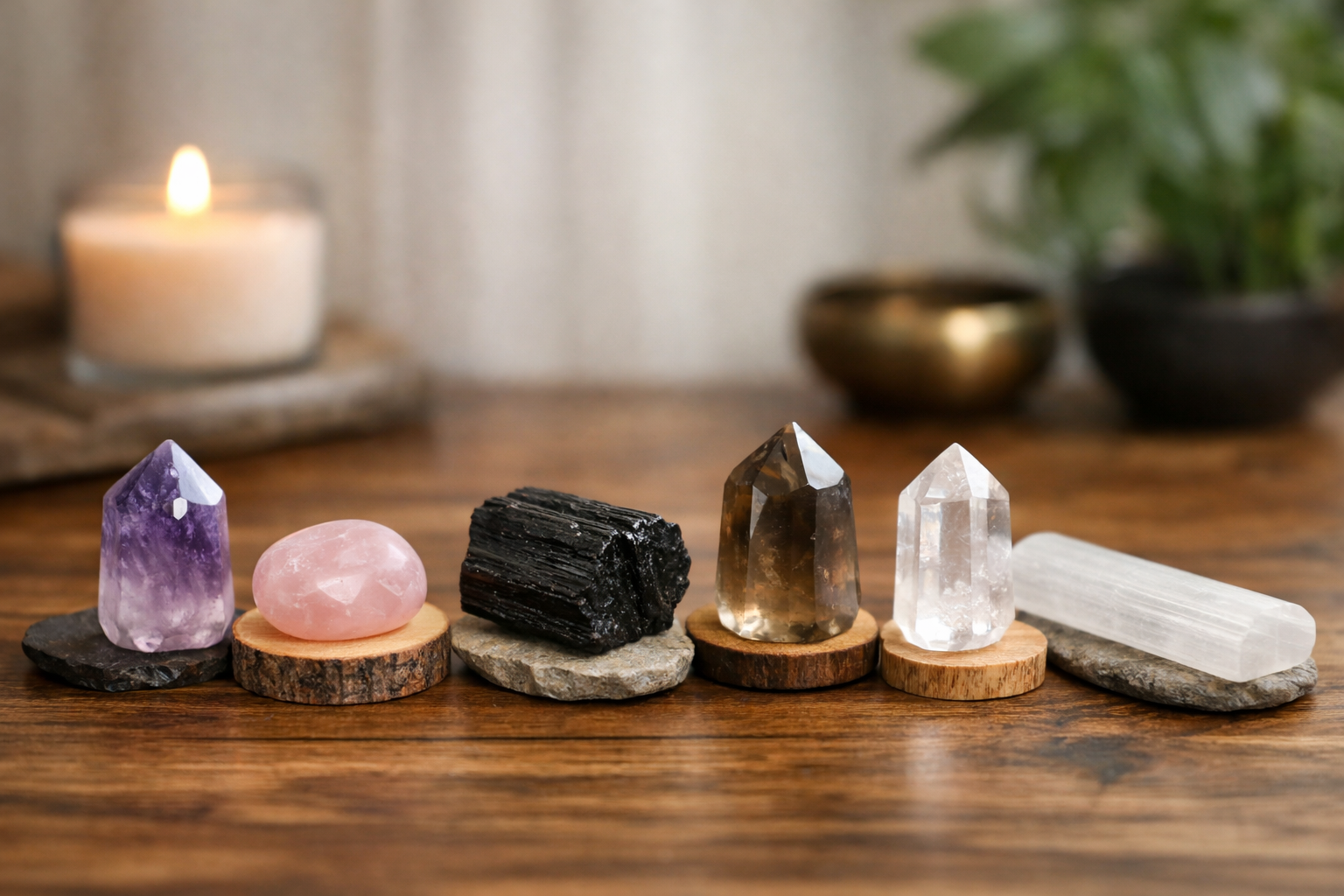 Beginner healing crystals including amethyst, rose quartz, black tourmaline, smoky quartz, clear quartz, and selenite arranged side by side