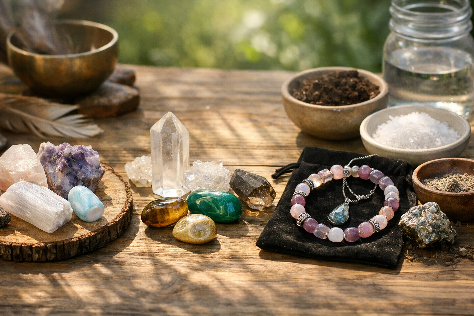 Different crystals and jewelry pieces arranged to show which cleansing methods suit each one