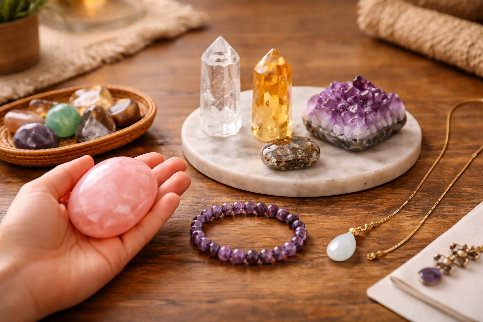 Best Crystal for Manifestation: 7 Smart Picks by Goal 4 Different crystal forms including a tumbled stone, palm stone, point, tower, bracelet, and pendant displayed together