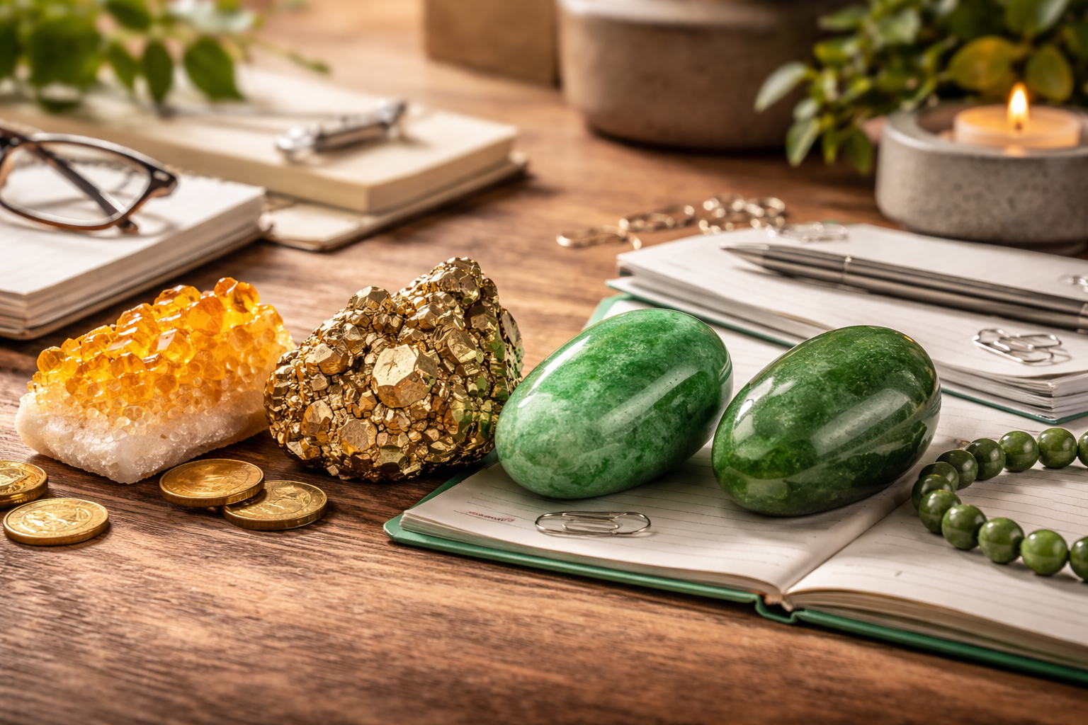 Side by side comparison of citrine, pyrite, green aventurine, and jade crystals