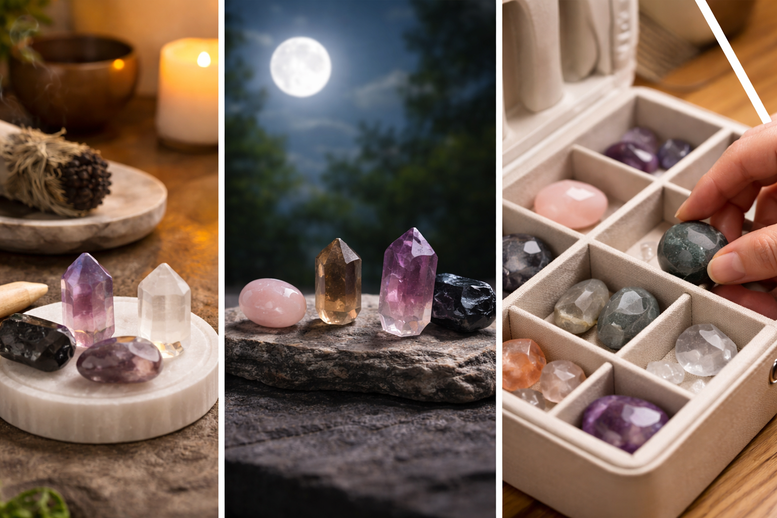 Safe crystal care setup with moonlight cleansing, sound bowl, soft cloth, selenite plate, and protective storage tray