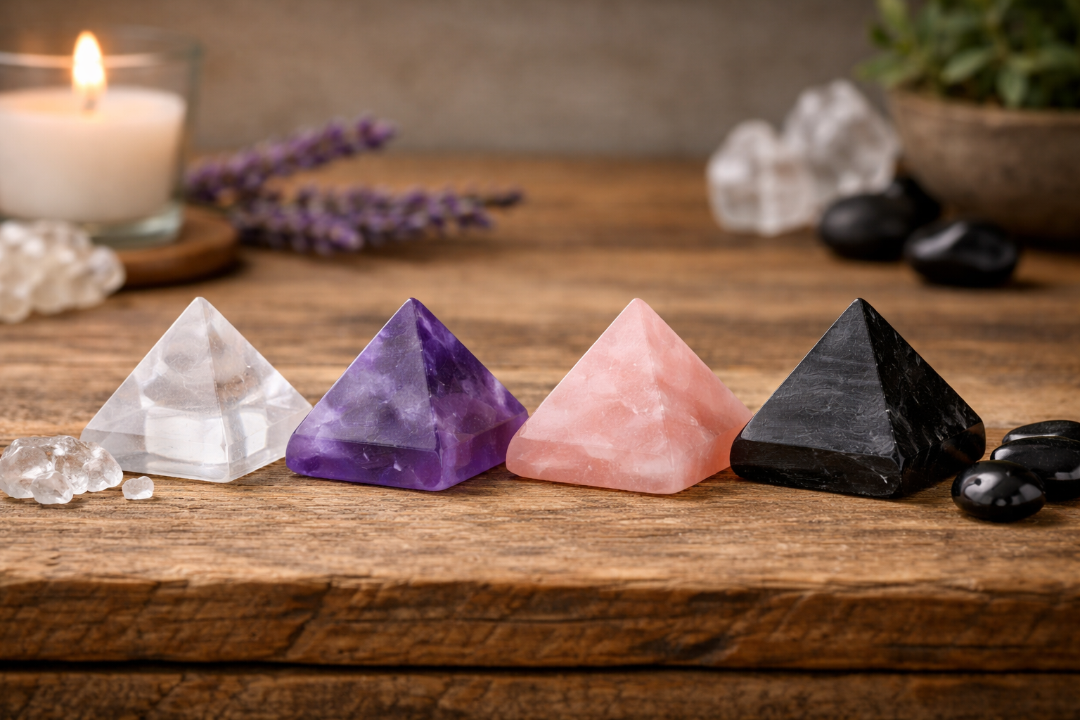 7 Best Pyramid Crystals for Healing, Ranked by Need 2 Side-by-side comparison of clear quartz, amethyst, rose quartz, black tourmaline, and obsidian pyramid crystals