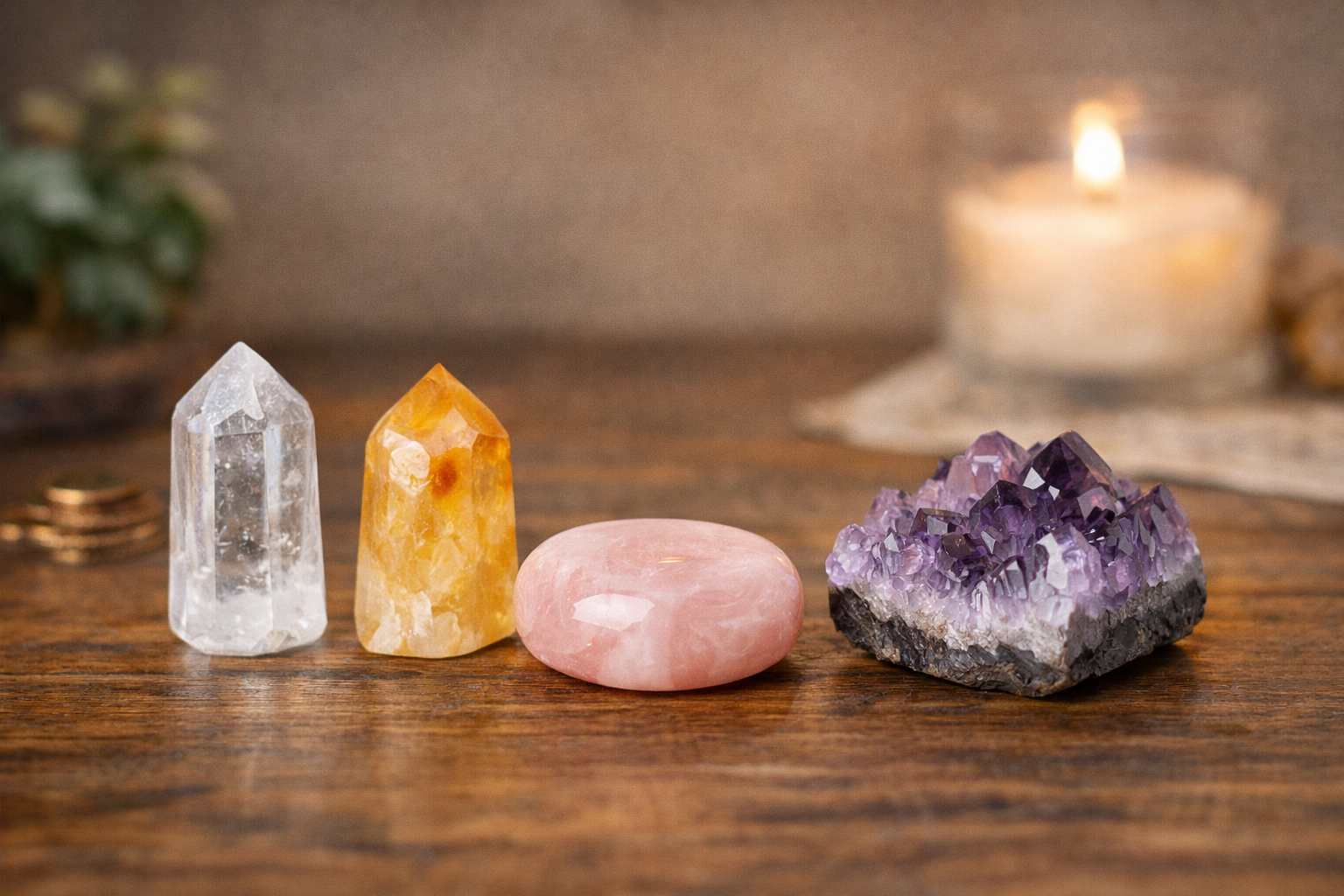 Best Crystal for Manifestation: 7 Smart Picks by Goal 2 Side by side comparison of clear quartz, citrine, rose quartz, and amethyst crystals on a neutral background