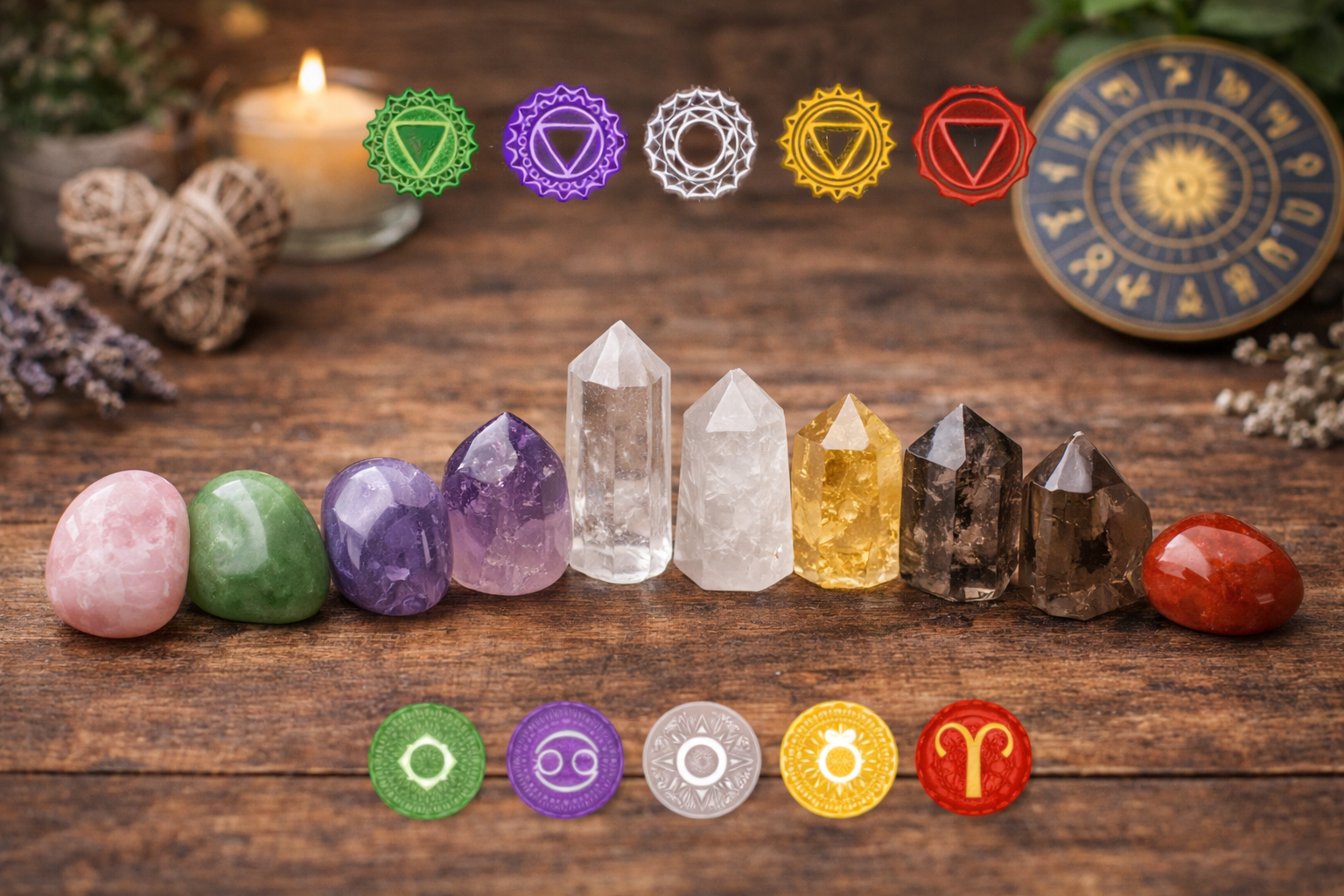Crystals grouped by color and chakra associations such as pink heart stones, purple crown stones, and black grounding stones
