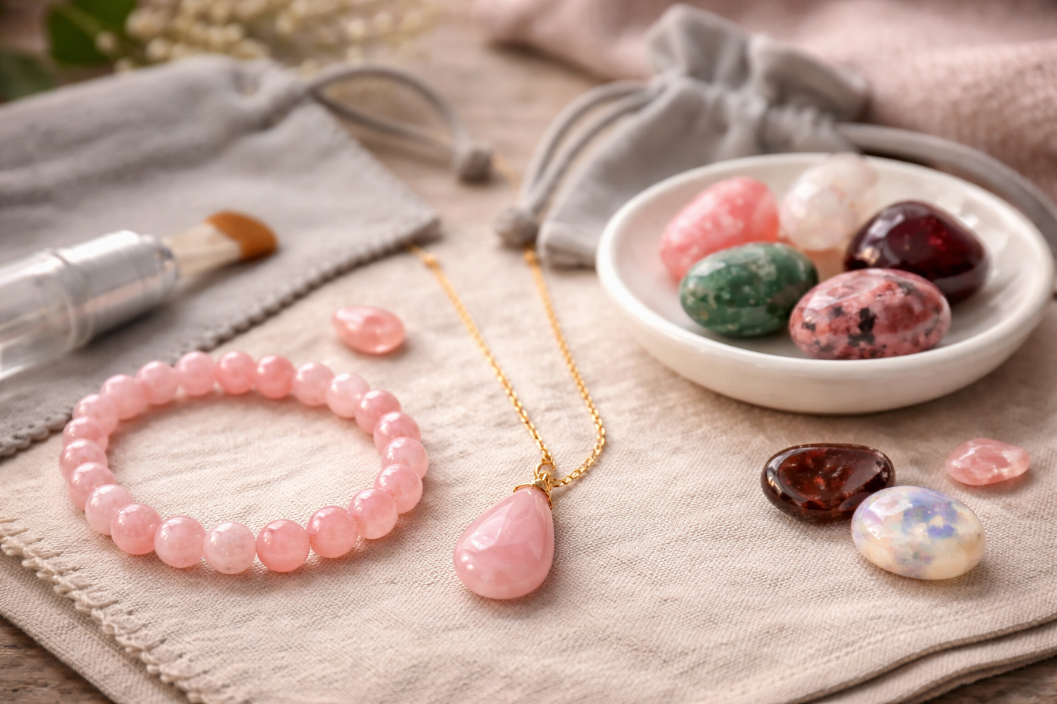 Tumbled stones, crystal pendants, bracelets, and a bedside crystal arranged for daily use