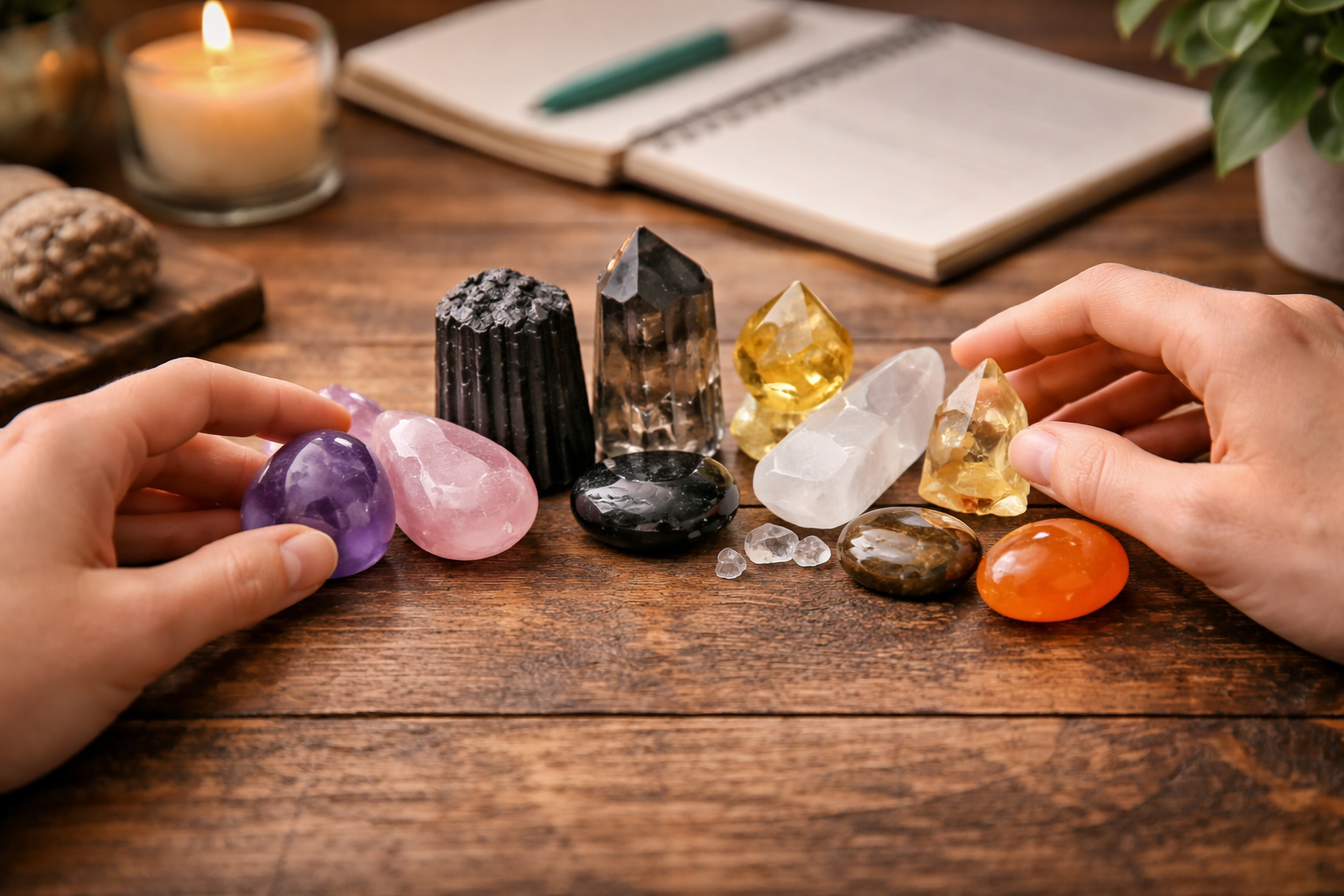 Side by side comparison of similar crystals used for calm, love, grounding, and confidence