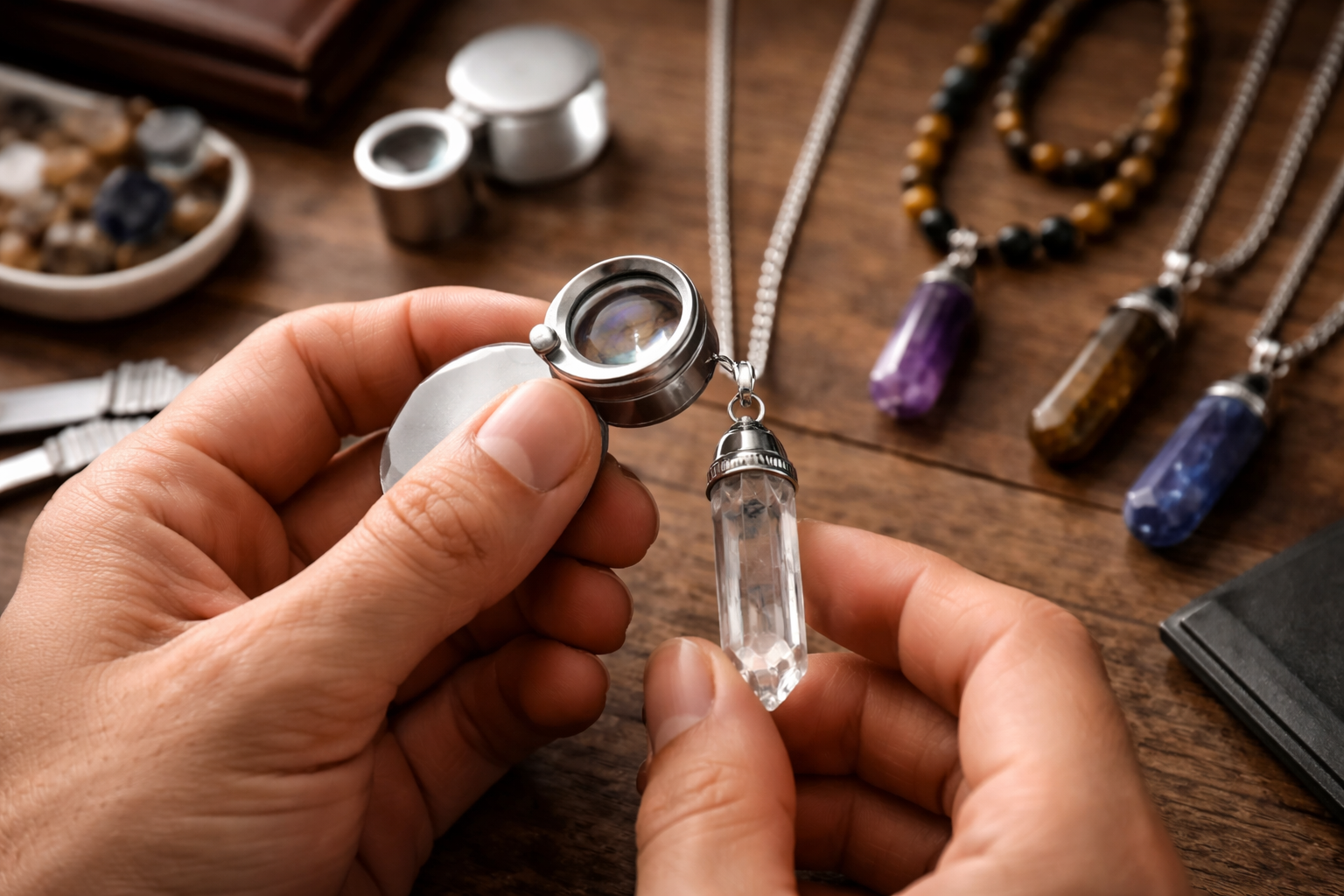 Close-up of a men's crystal necklace showing clasp, chain, pendant bail, and metal hardware details