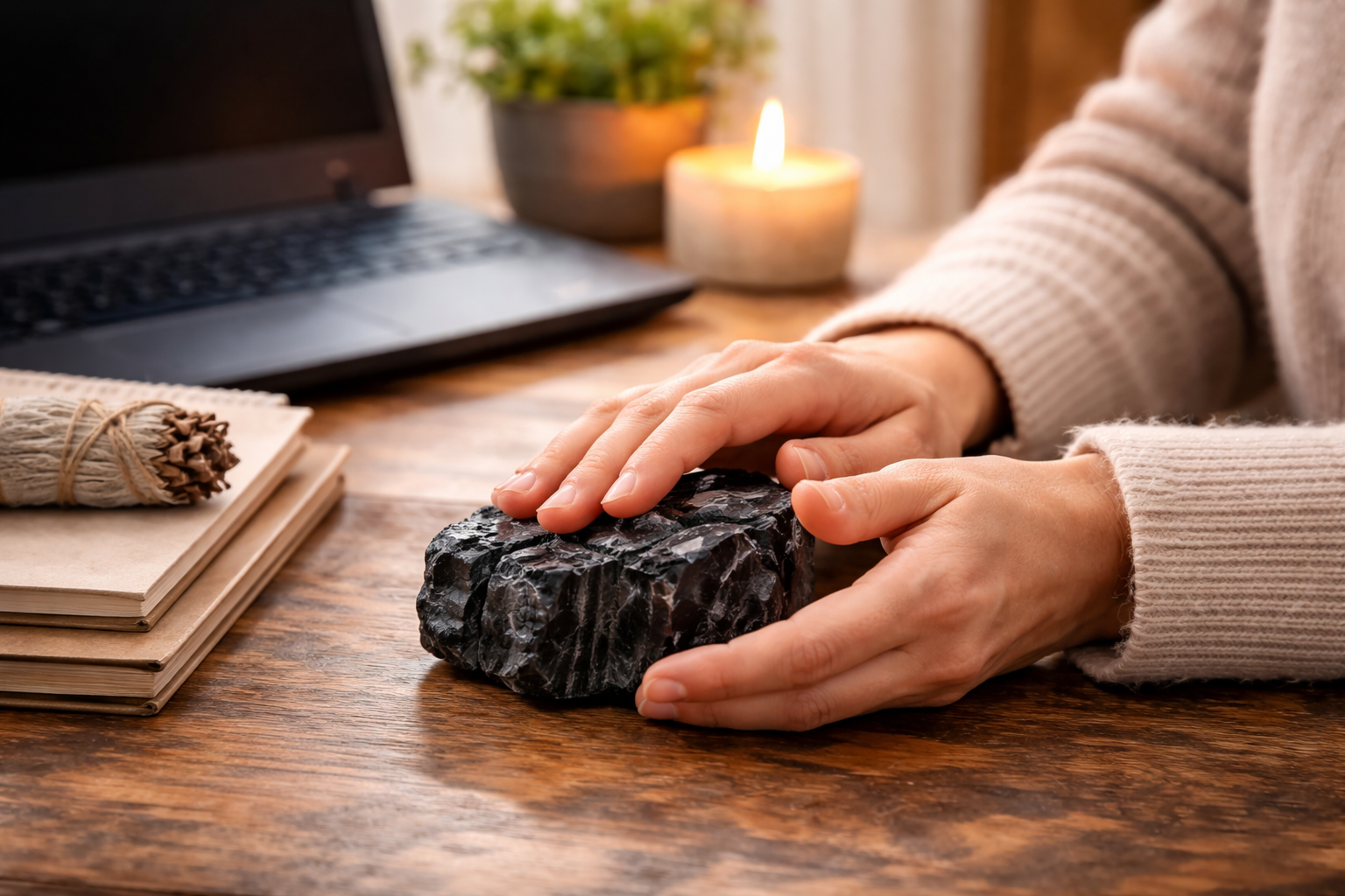 Simple daily protection crystal setup with a stone placed by a laptop, nightstand, and entryway