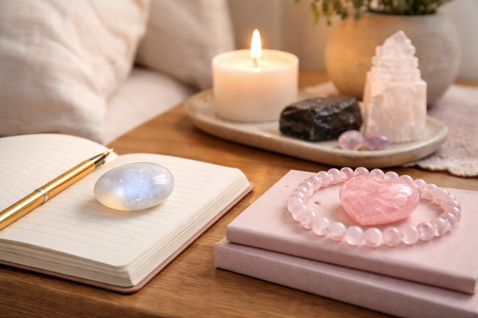 Cancer crystals used in everyday spaces like a bedside table, desk, and journal area