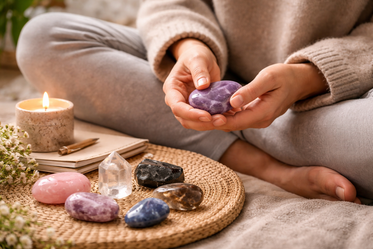 Person holding a smooth crystal in one hand during a calming breathing ritual