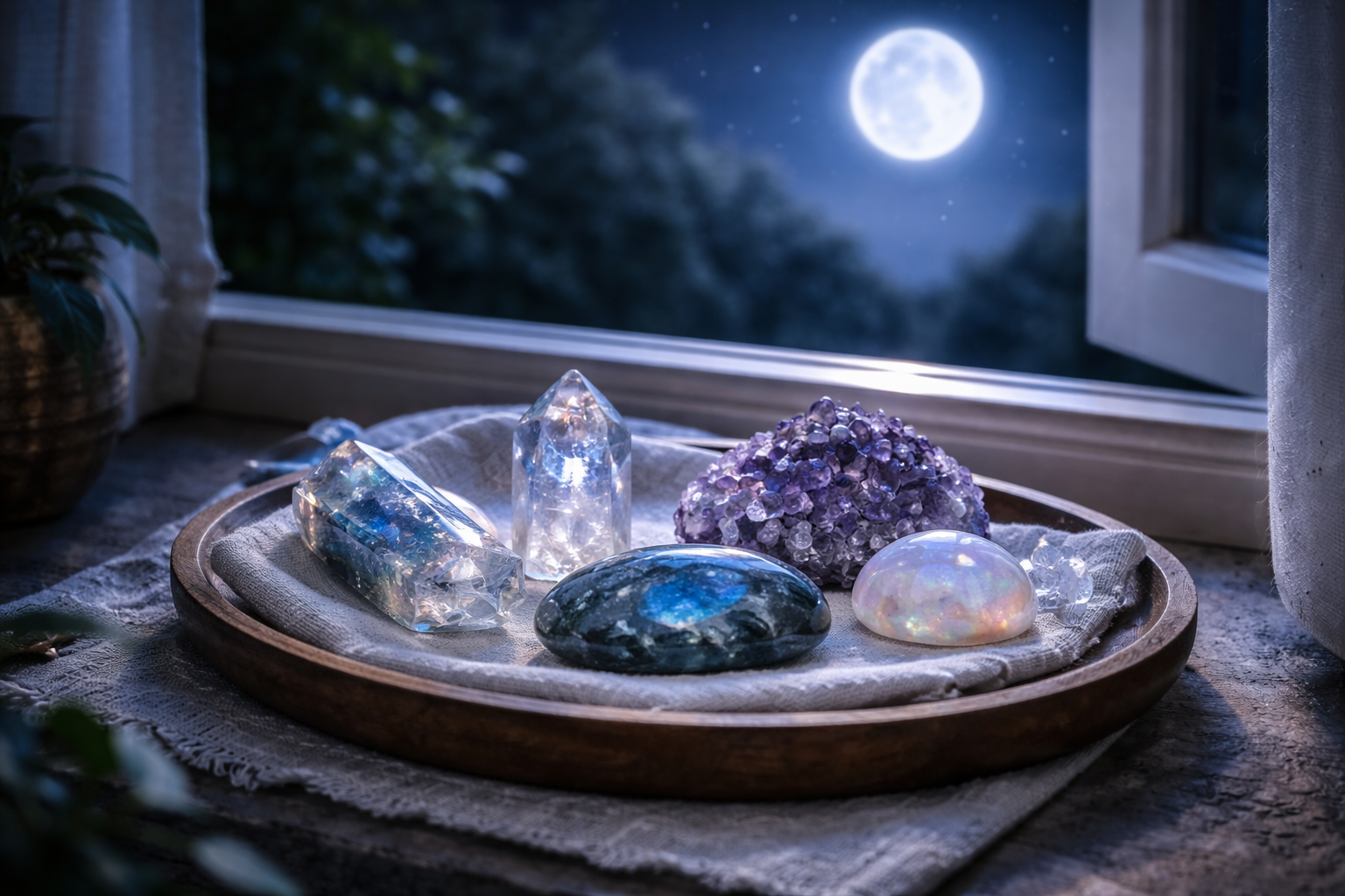 Safe moonlight charging setup with lower-risk crystals on a dry indoor windowsill at night
