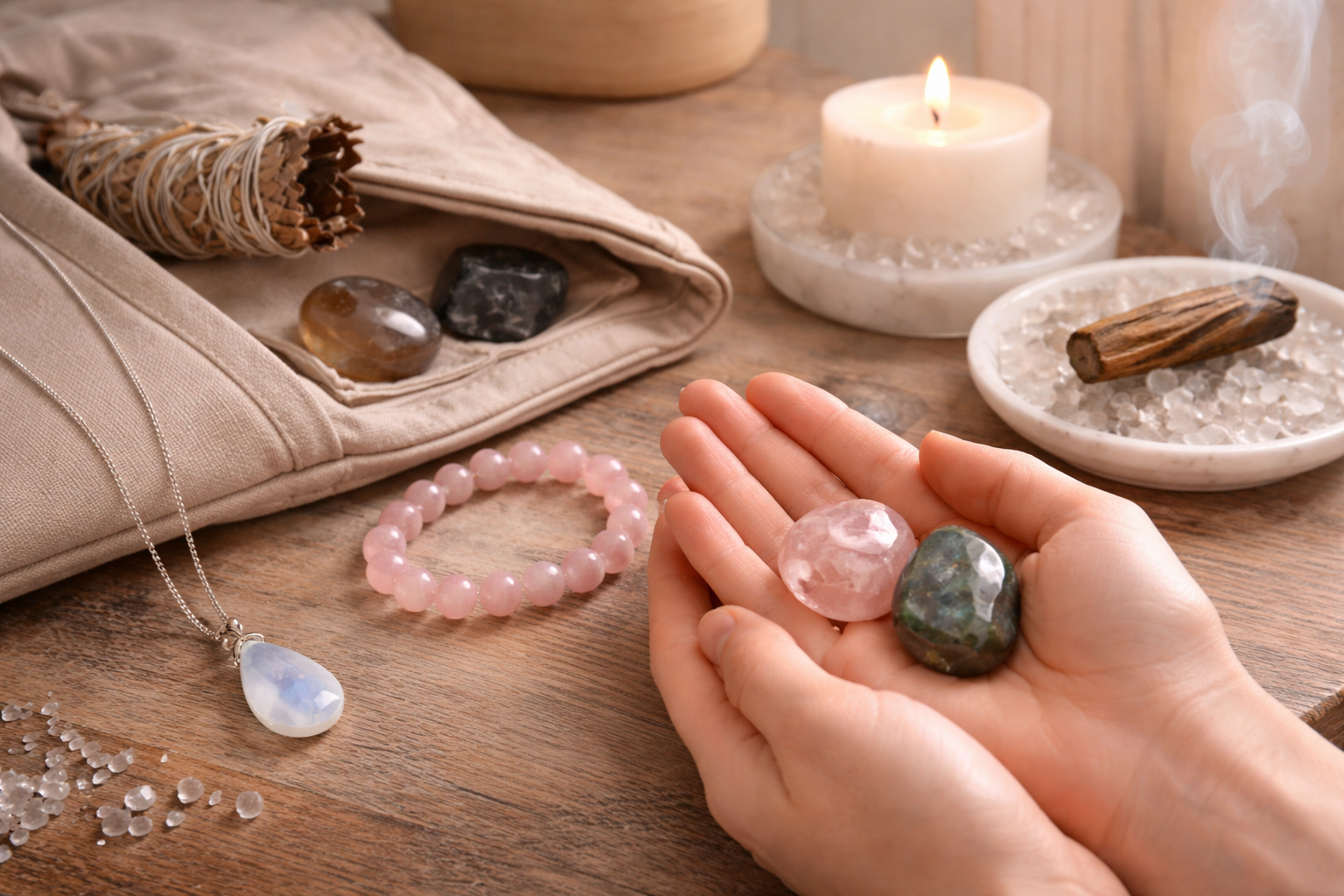 Cancer crystals styled as a pendant, bracelet, palm stone, bedside setup, and desk placement
