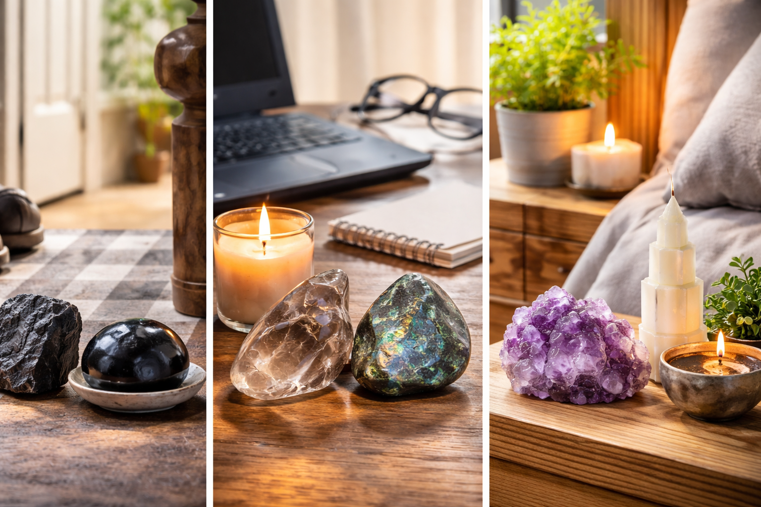 Visual guide matching psychic protection needs like boundaries, grounding, and clearing to different crystals