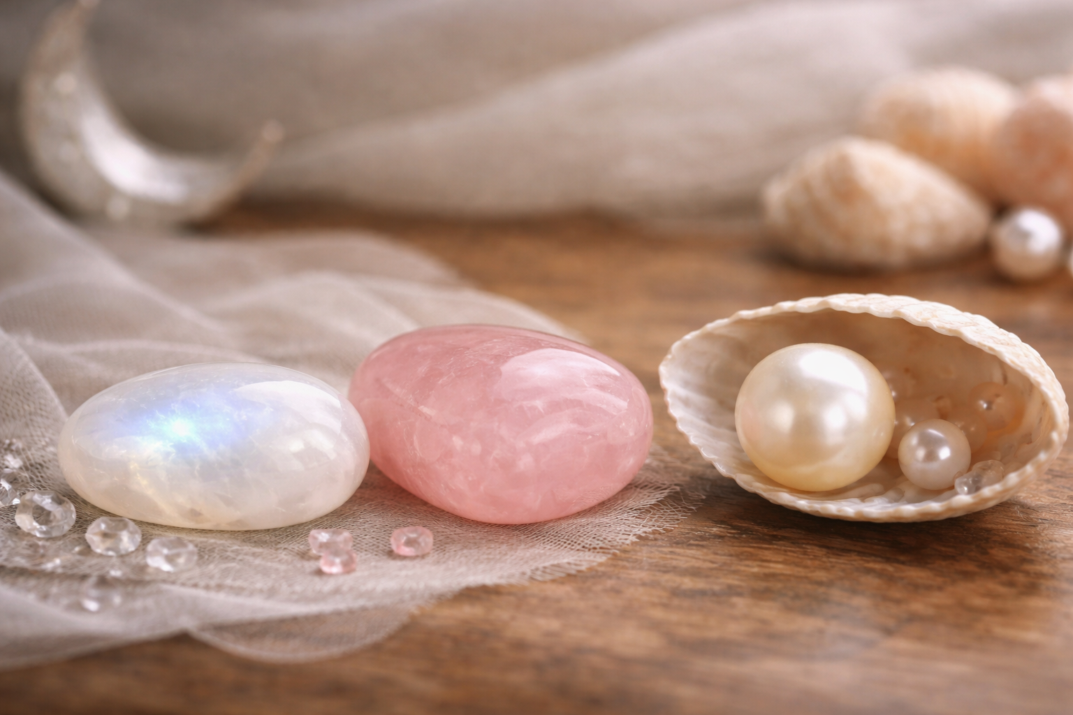 Side-by-side comparison of moonstone, rose quartz, and pearl for Cancer zodiac symbolism