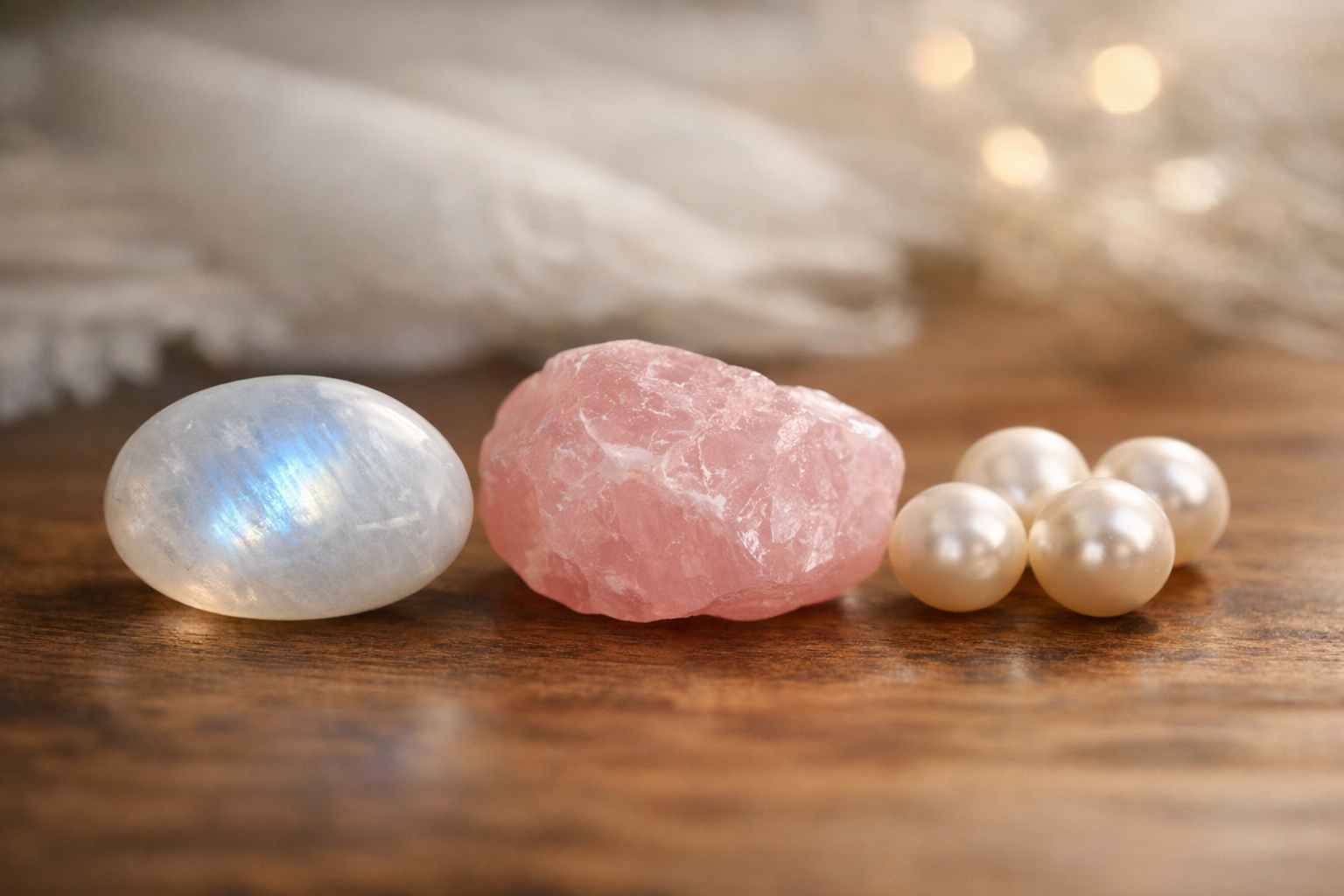 Moonstone, rose quartz, and pearl displayed side by side for Cancer crystal comparison
