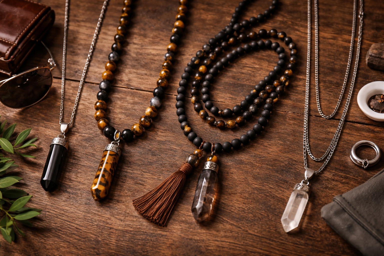 Comparison of men's crystal necklace styles including pendant, beaded, mala, and layered looks