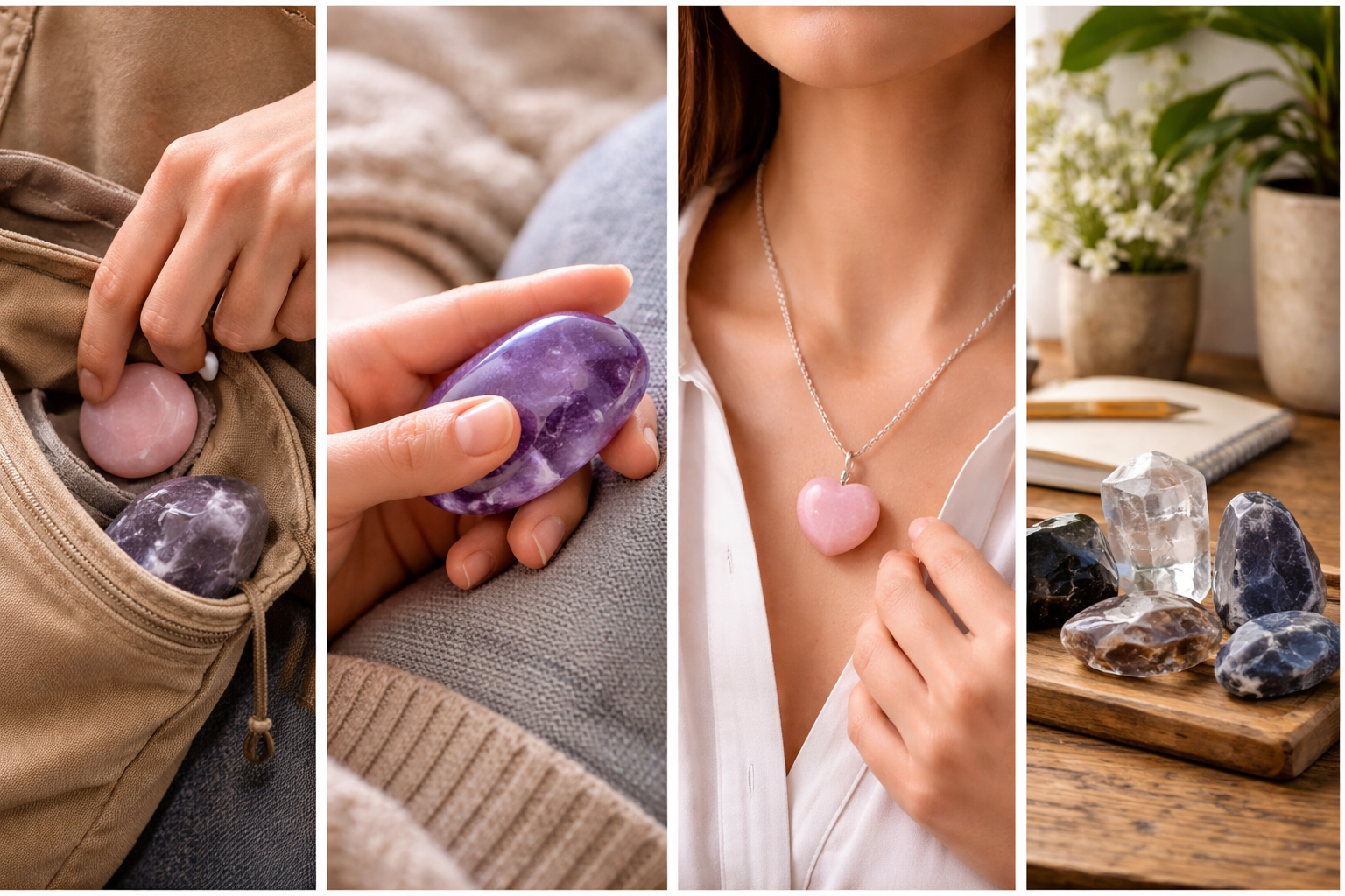 Different crystal forms for anxiety including a worry stone, palm stone, bracelet, tumbled stone, rough piece, and tower