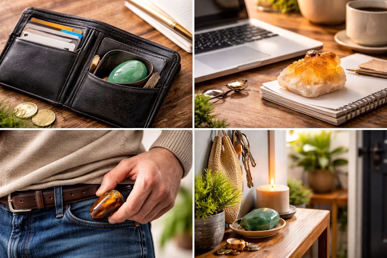Abundance crystals placed in a wallet, on a desk, as jewelry, and beside a journal