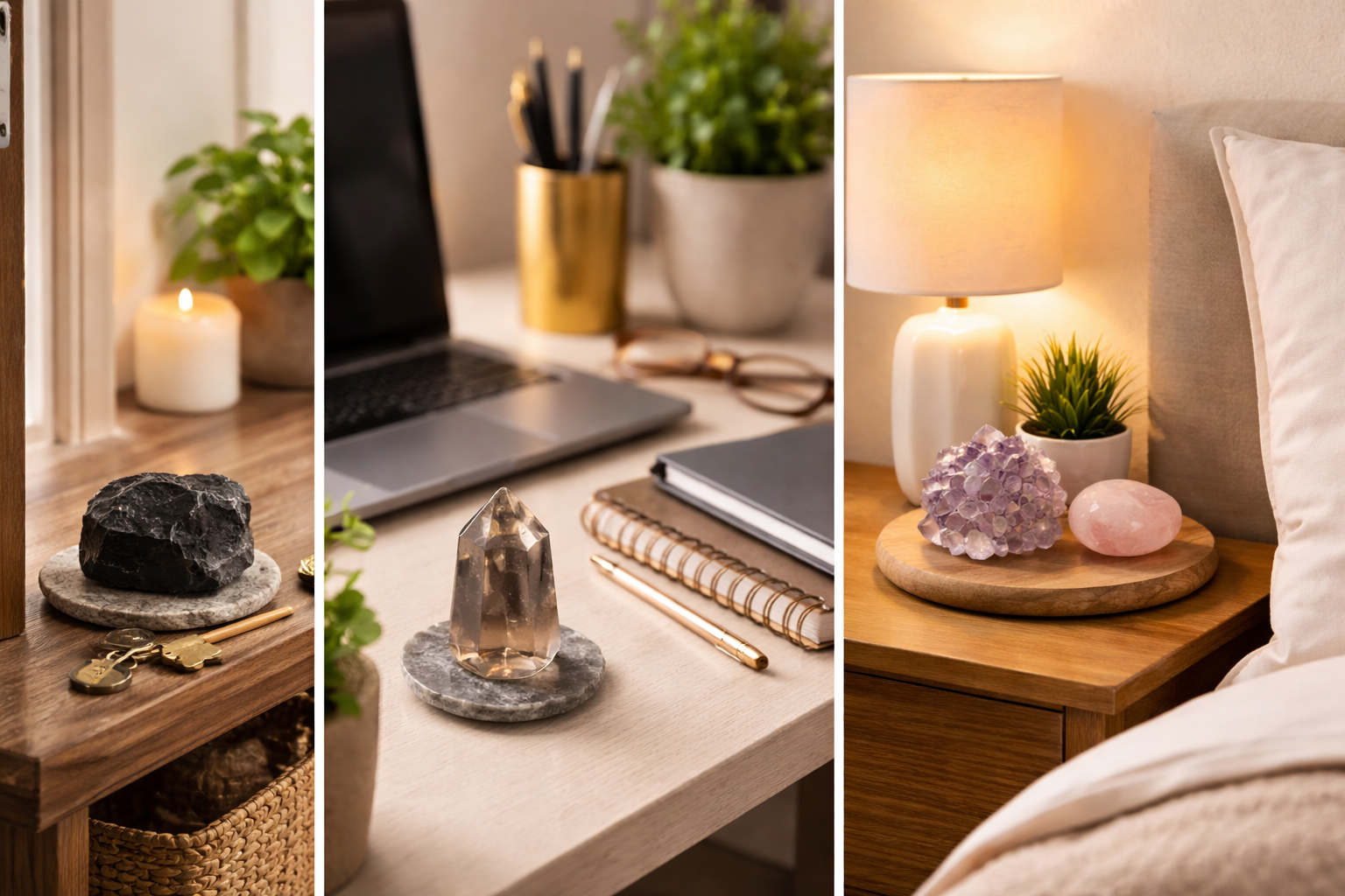Healing crystals placed with purpose on a nightstand, desk, and entryway table in a calm home setting