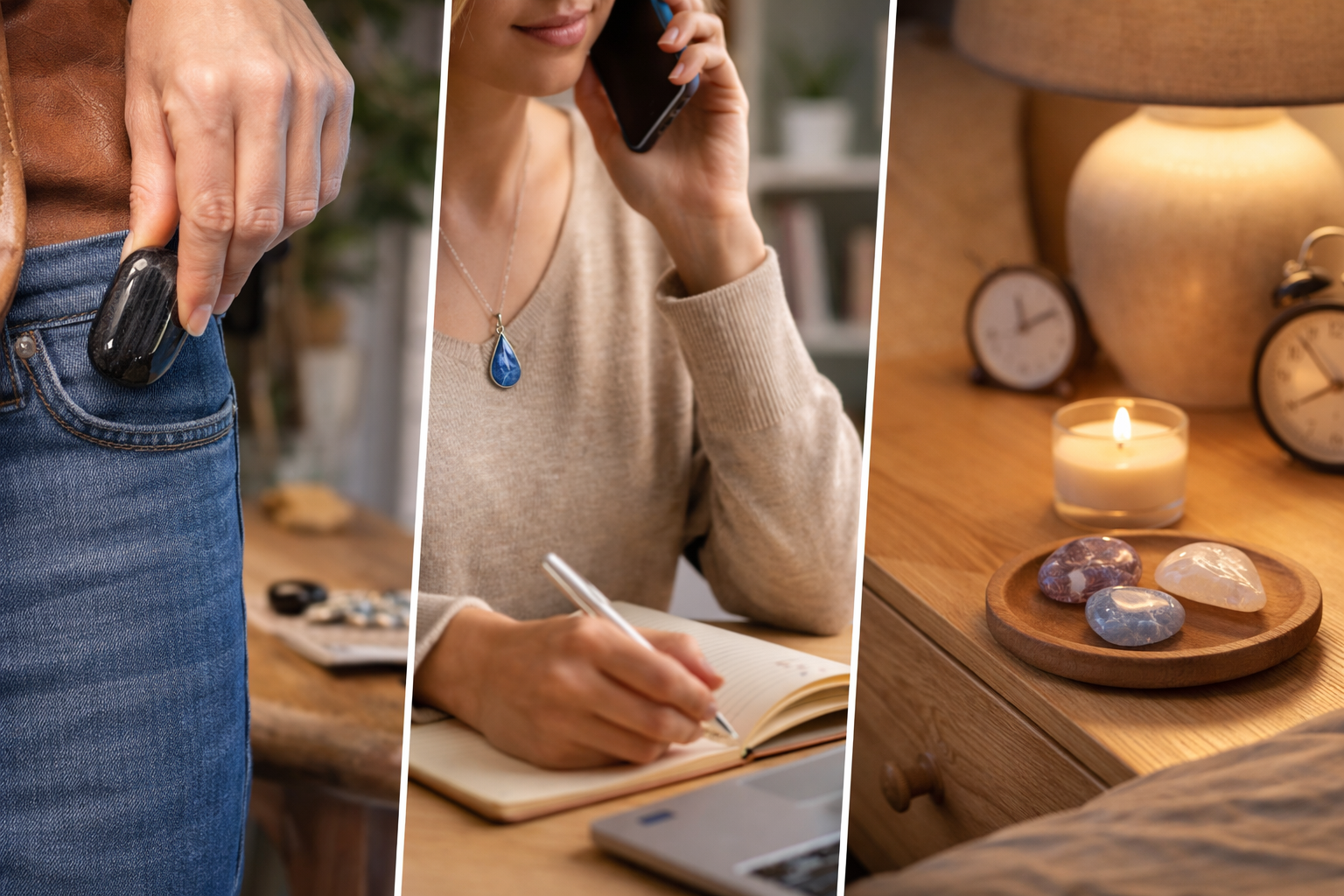 Chakra crystals shown in real-life placements including a pendant, pocket stone, bedside tray, and desk arrangement