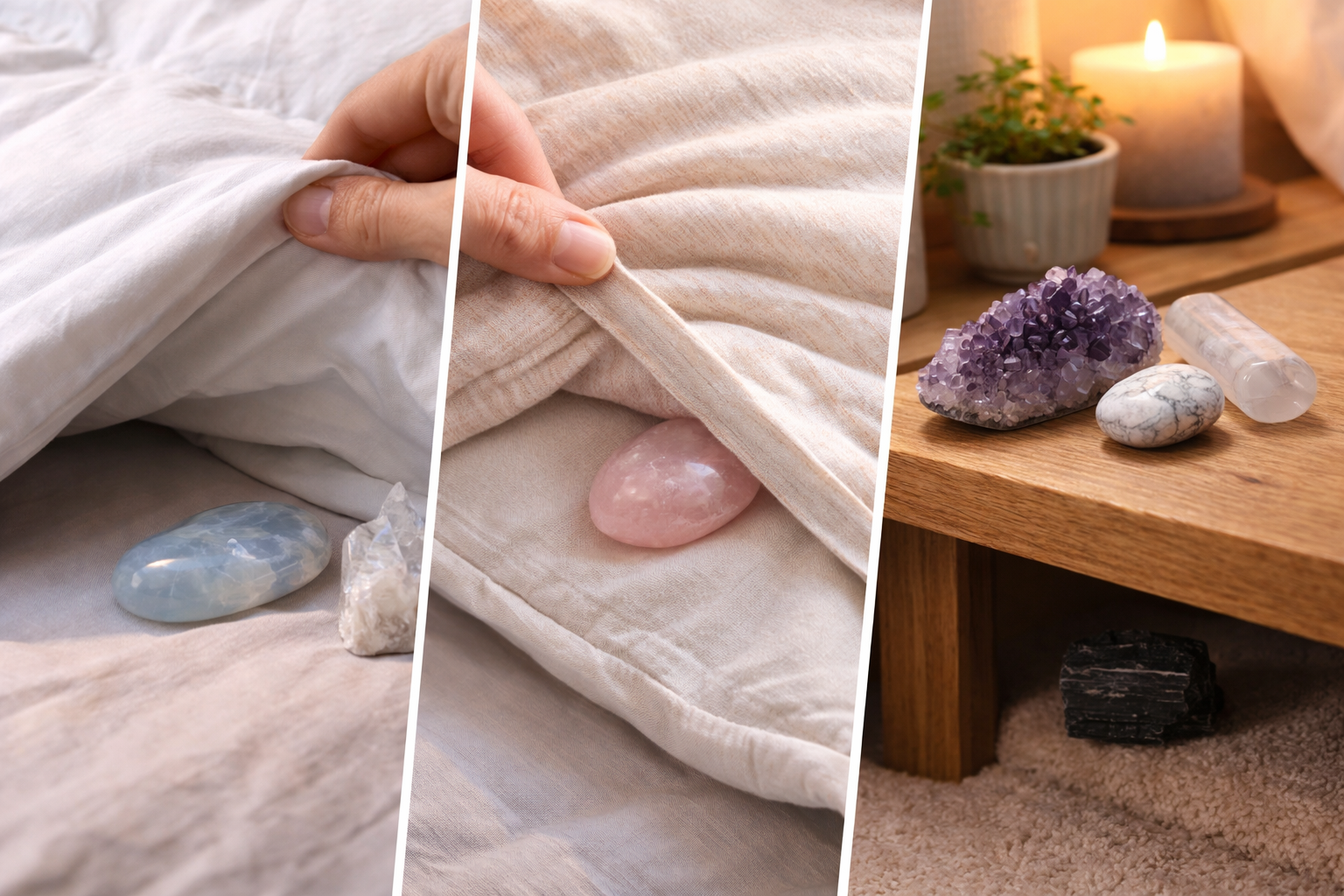 Bedroom setup showing sleep crystal placement on a nightstand, under a pillow, inside a pillowcase corner, and under the bed
