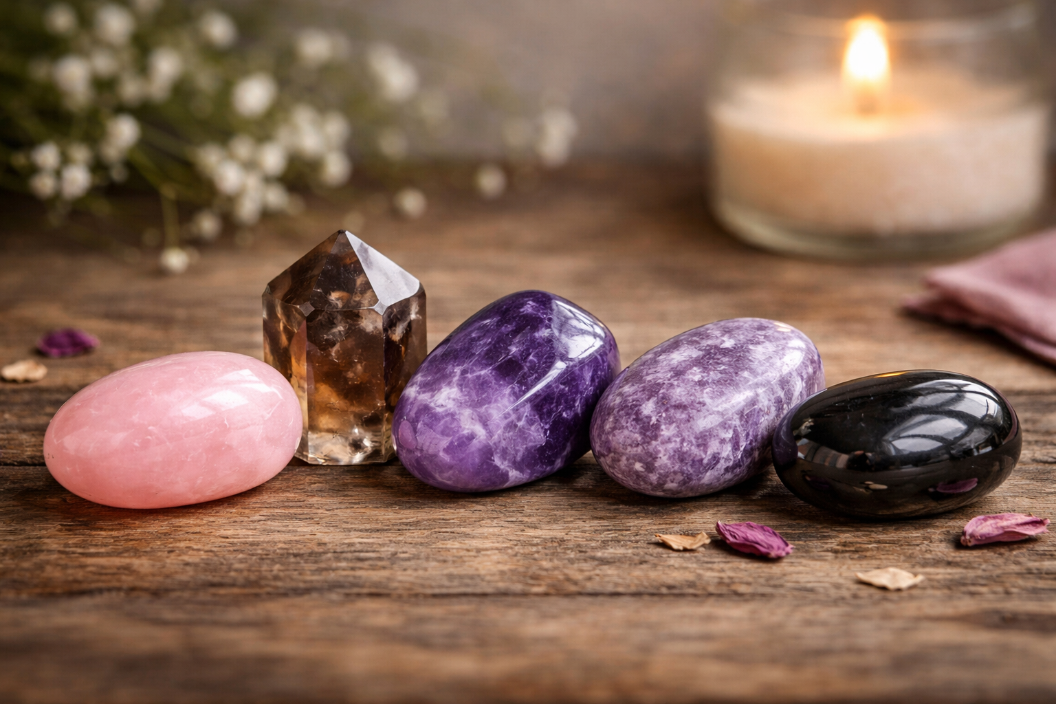 Side-by-side view of rose quartz, smoky quartz, amethyst, and lepidolite in polished forms
