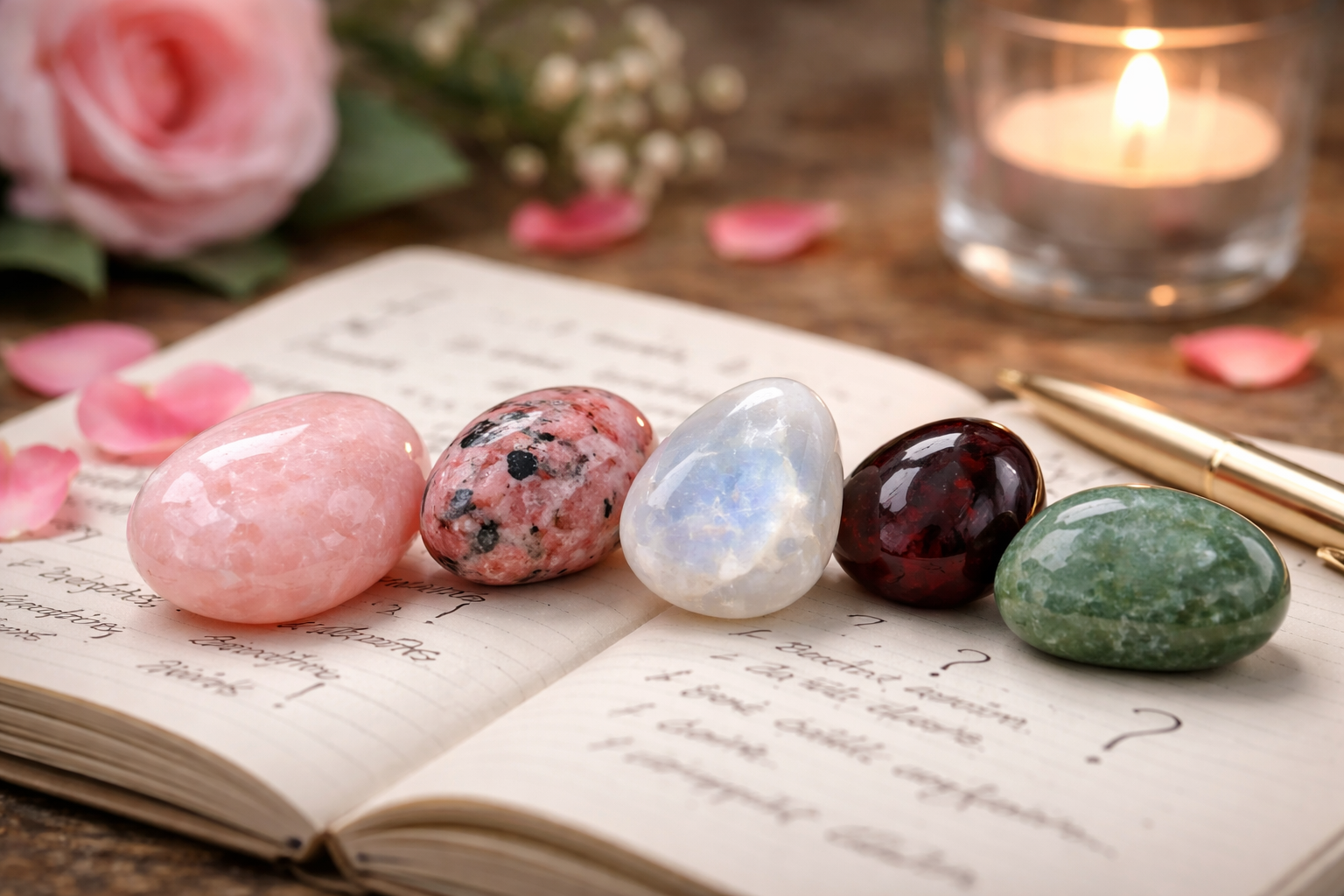 Side by side comparison of Rose Quartz, Rhodonite, Moonstone, and Garnet crystals