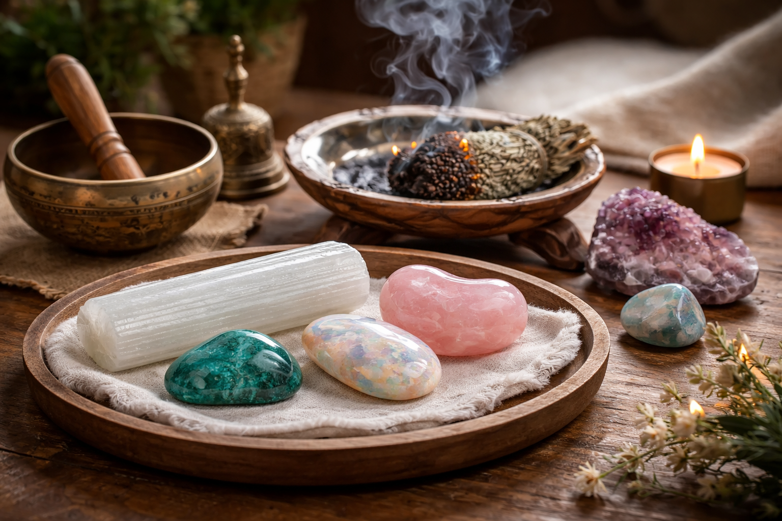 Indoor crystal charging alternatives with a singing bowl, incense, cloth, and dry altar setup