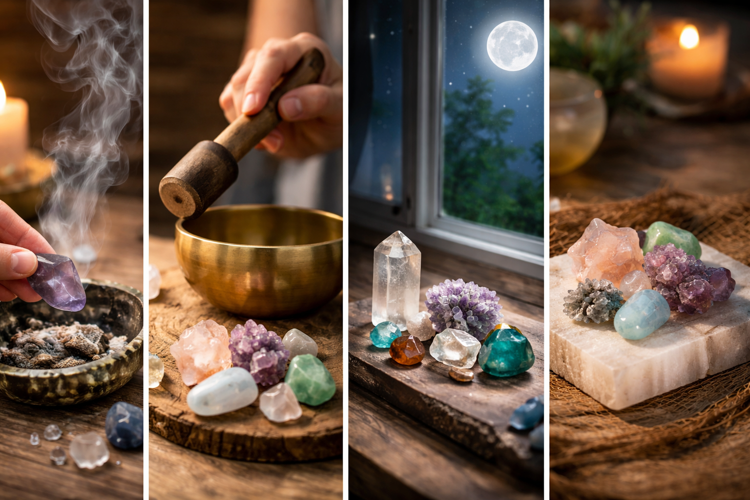 Crystals being gently cleansed with smoke, a singing bowl, moonlight, and a selenite slab