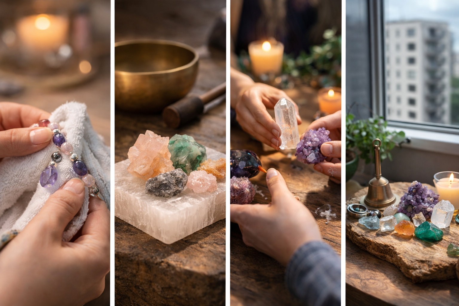 Crystal bracelet, fragile stones, and a small apartment-friendly cleansing setup on a windowsill