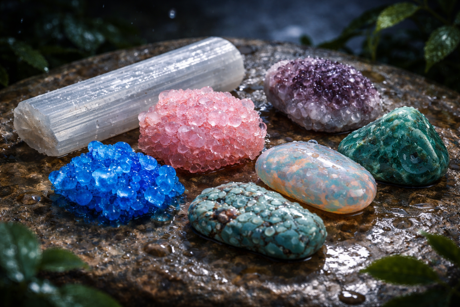Close-up comparison of higher-risk crystals such as selenite, opal, turquoise, and amethyst