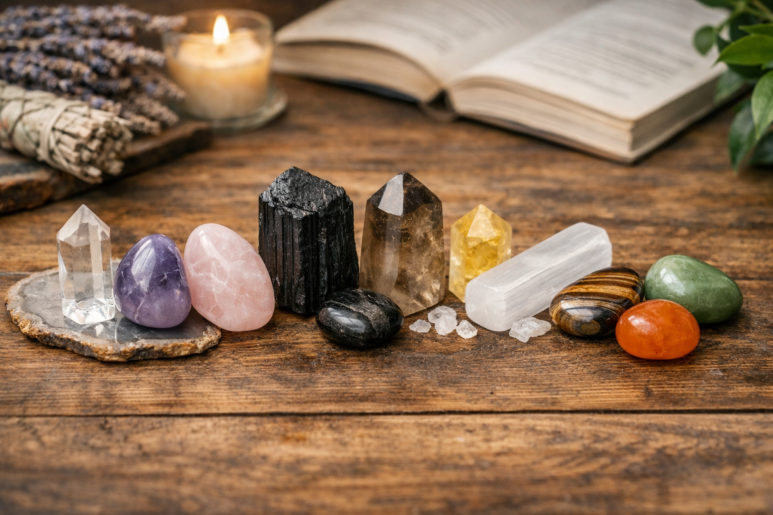 Common crystals like amethyst, rose quartz, clear quartz, citrine, and black tourmaline arranged with visual labels