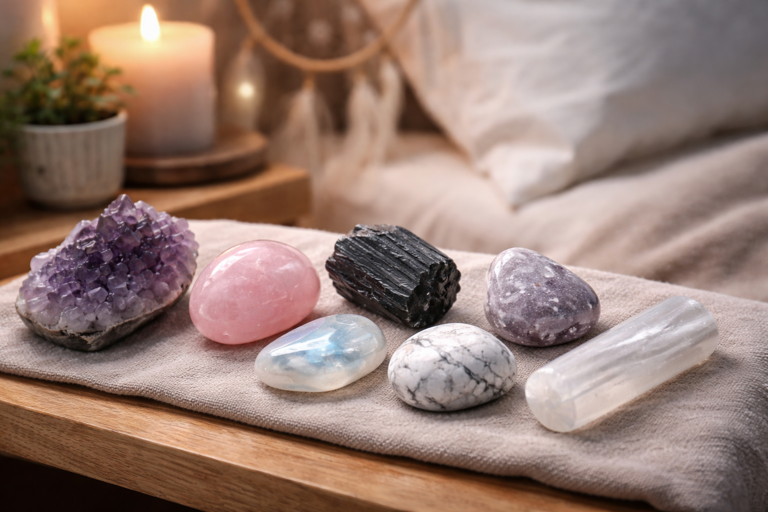 Common sleep crystals including amethyst, rose quartz, black tourmaline, moonstone, lepidolite, howlite, and selenite arranged side by side