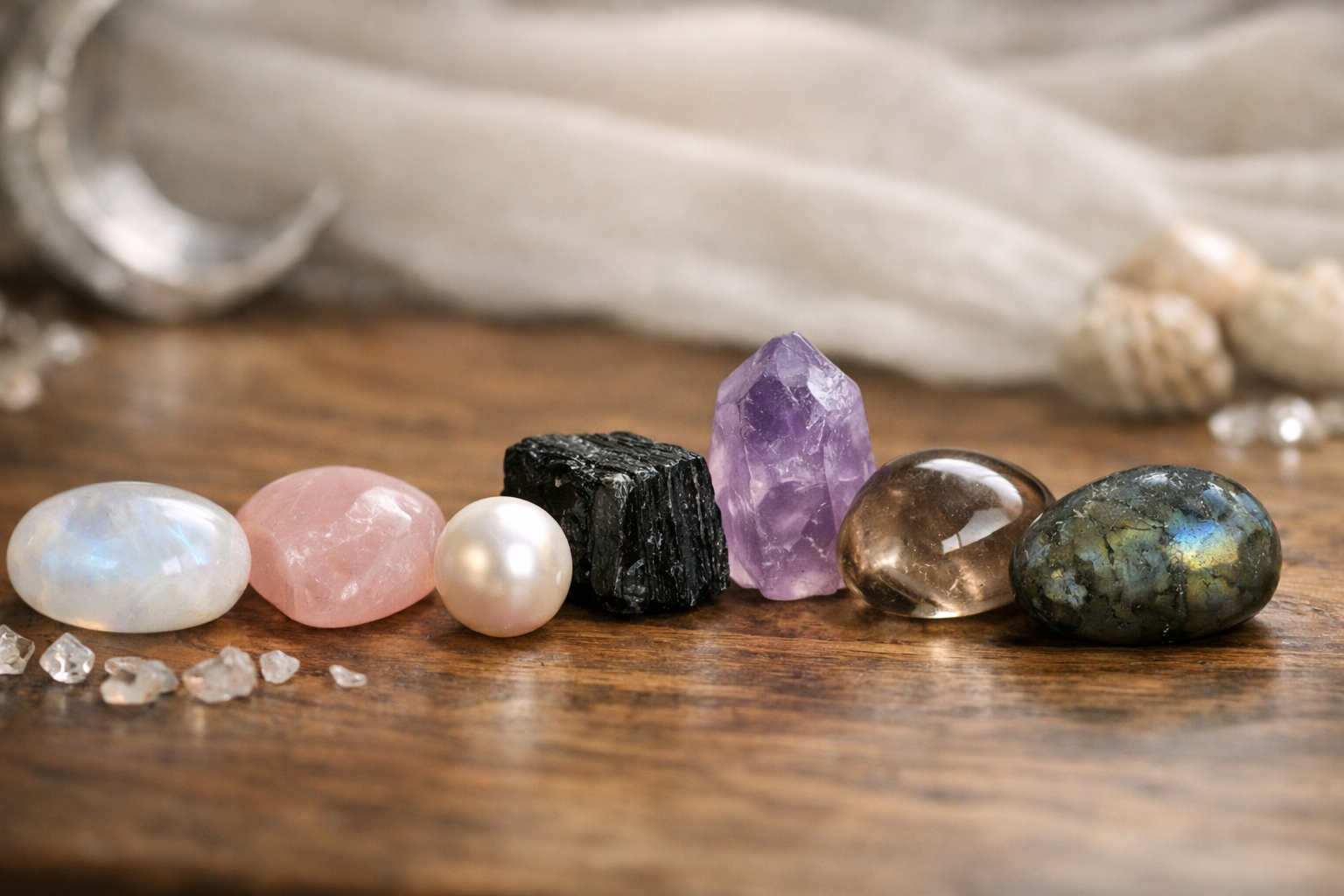 Grouped Cancer zodiac crystals including moonstone, rose quartz, pearl, black tourmaline, amethyst, smoky quartz, and labradorite