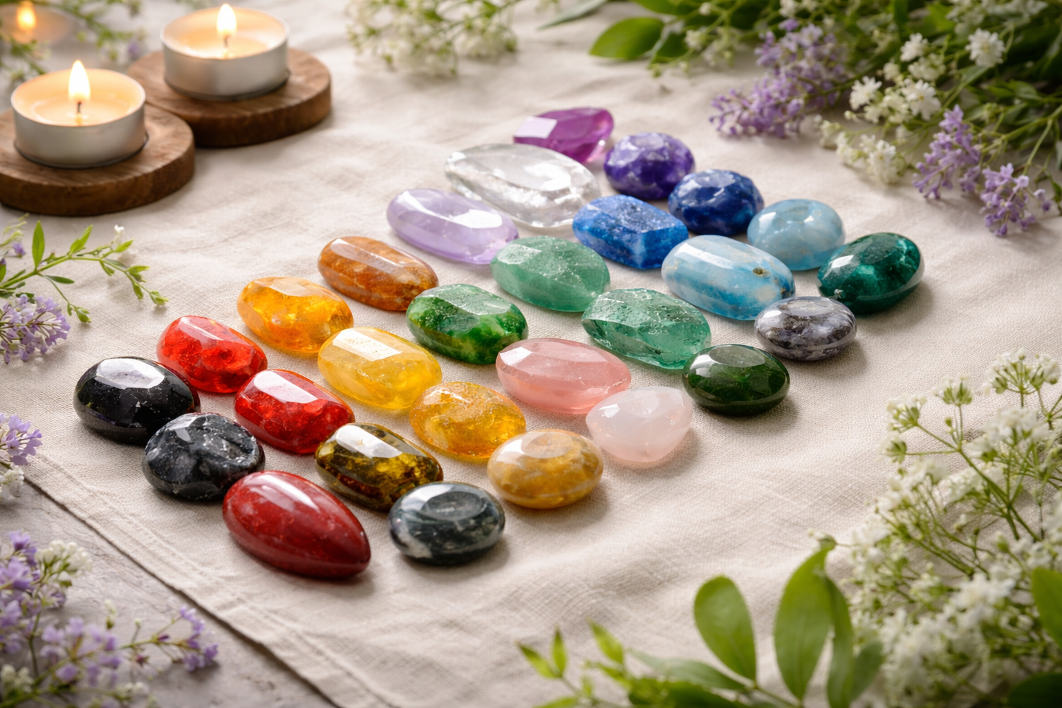 Seven chakra crystals arranged by chakra color with labels for each energy center
