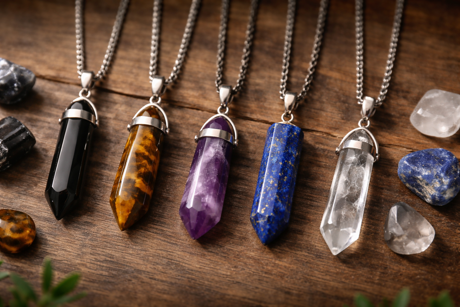 Side-by-side men's crystal necklace pendants in black obsidian, tiger's eye, amethyst, lapis lazuli, and clear quartz
