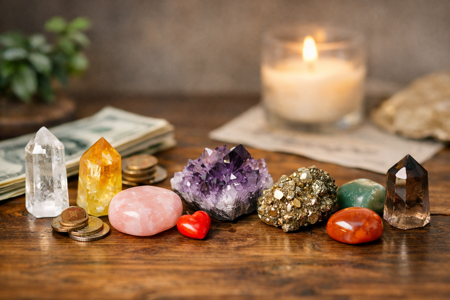 Best Crystal for Manifestation: 7 Smart Picks by Goal 1 Clear quartz, citrine, rose quartz, amethyst, pyrite, green aventurine, carnelian, and smoky quartz arranged together for different manifestation goals