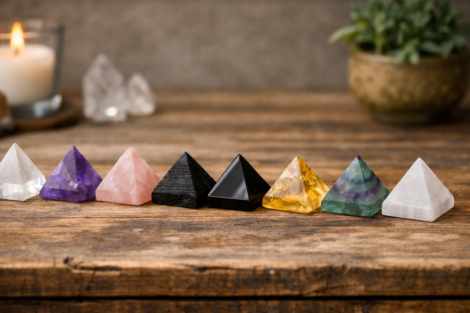 7 Best Pyramid Crystals for Healing, Ranked by Need 1 Lineup of clear quartz, amethyst, rose quartz, black tourmaline, obsidian, citrine, fluorite, and selenite crystal pyramids