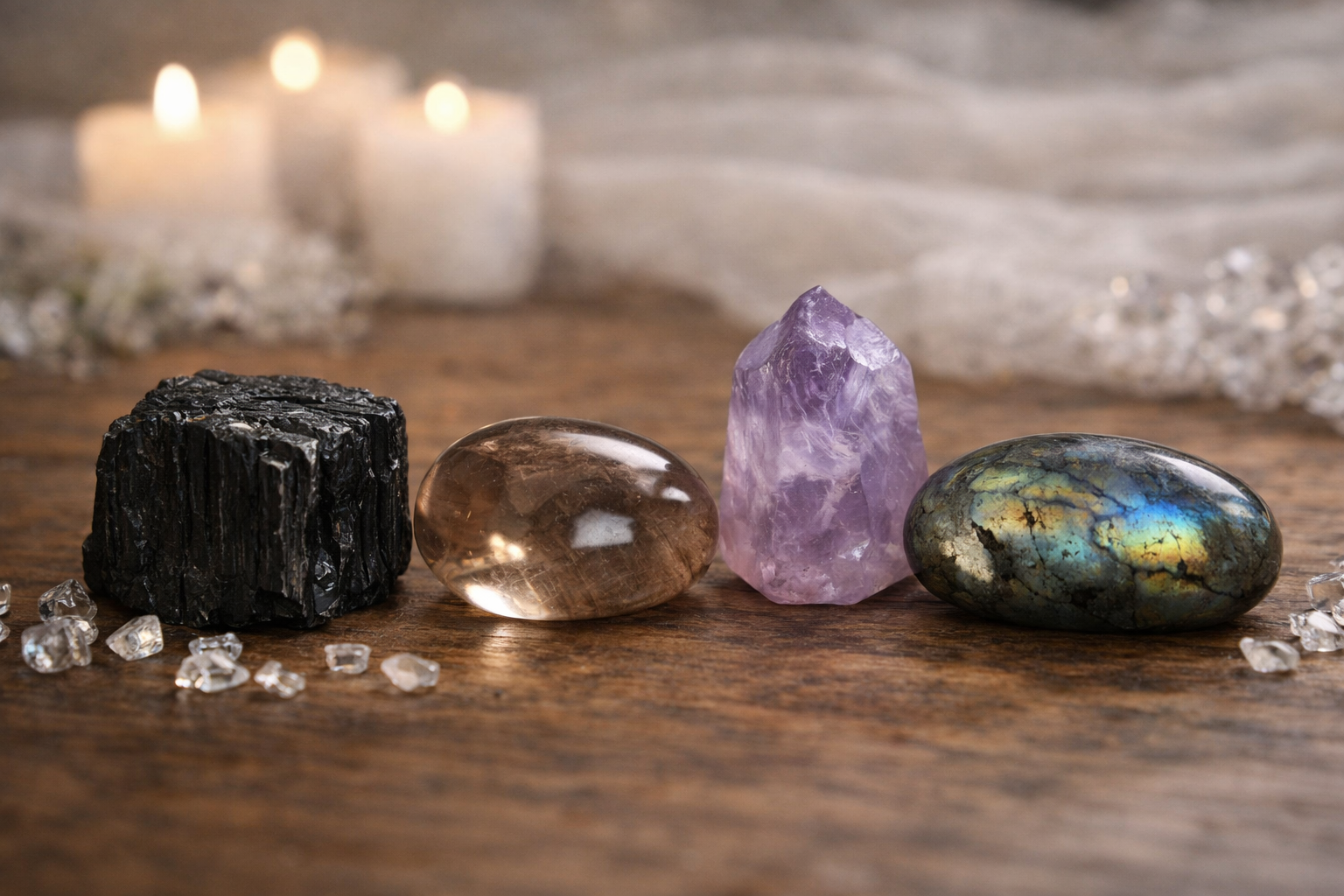 Supporting Cancer crystals shown together including black tourmaline, smoky quartz, amethyst, and labradorite