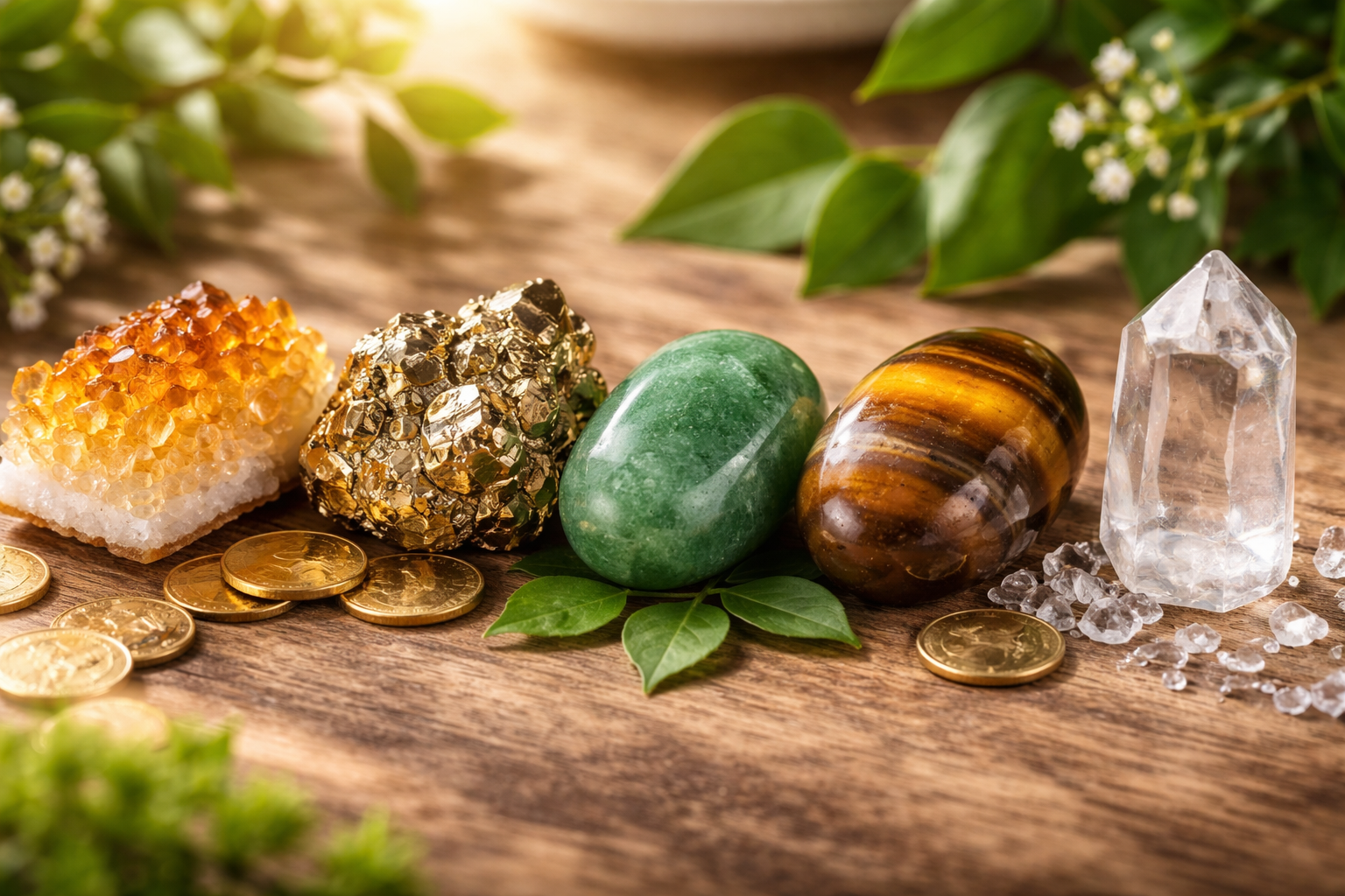 Citrine, pyrite, green aventurine, jade, tiger's eye, and clear quartz arranged side by side