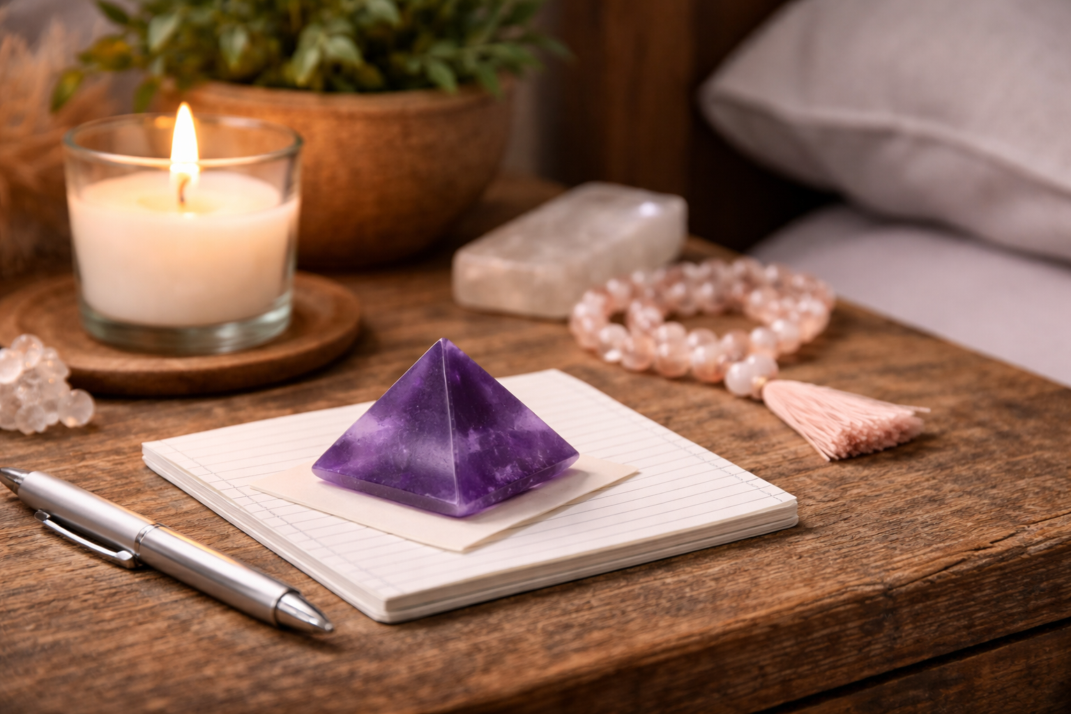 7 Best Pyramid Crystals for Healing, Ranked by Need 3 Crystal pyramid placement examples on a bedside table, desk, altar, and entryway