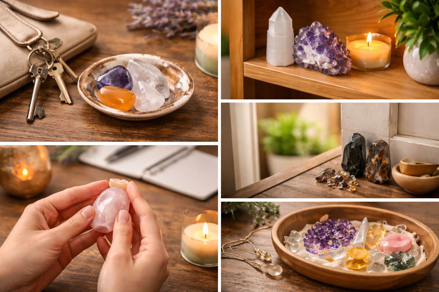 Different crystal forms including tumbled stones, palm stones, jewelry, and shelf pieces arranged in a home setup
