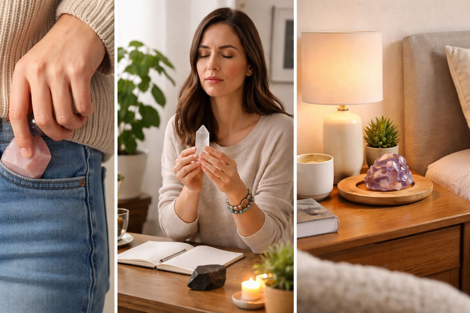 Different everyday ways to use healing crystals including a pocket stone, crystal bracelet, meditation hold, and desk placement