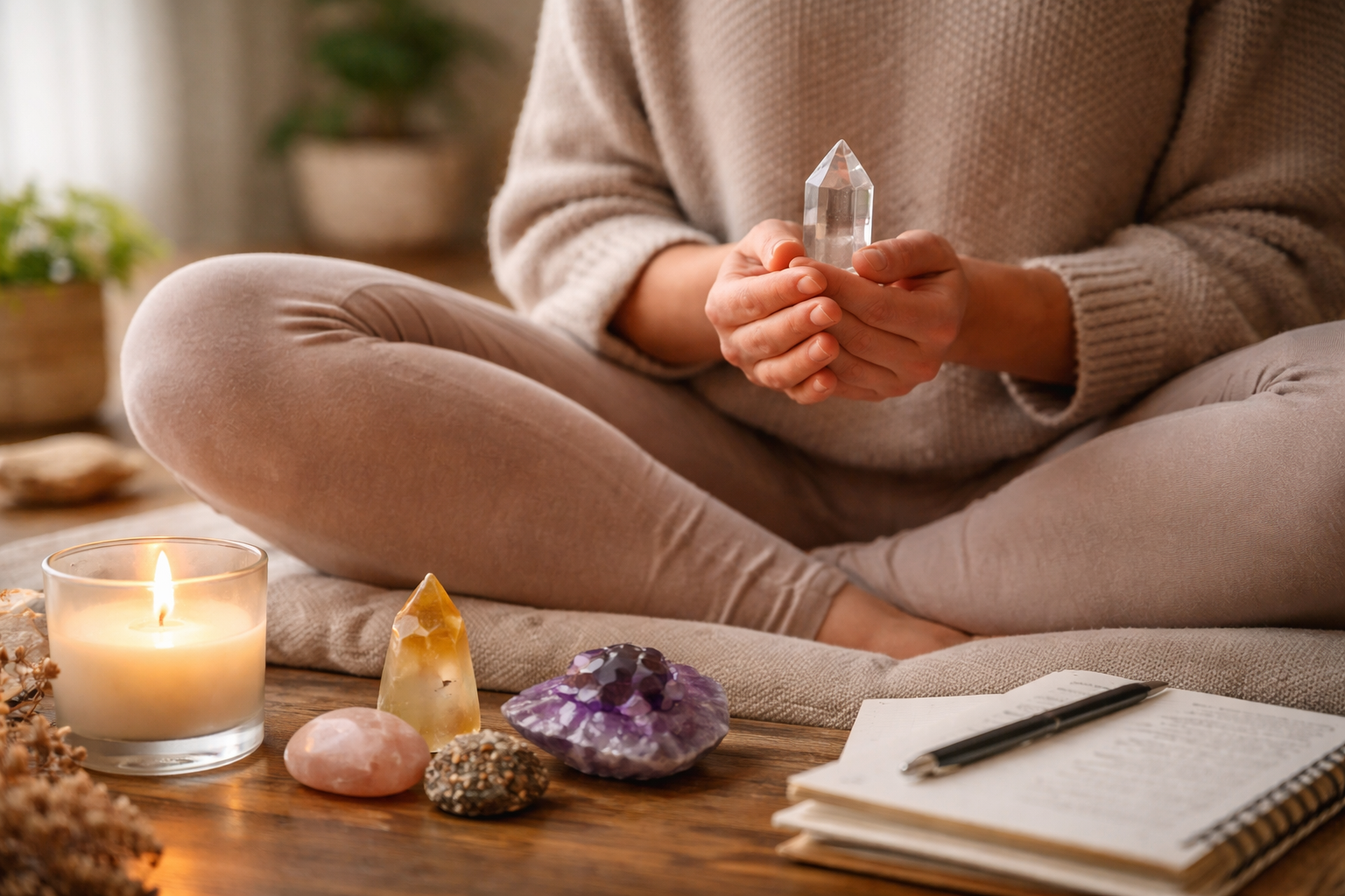 Best Crystal for Manifestation: 7 Smart Picks by Goal 3 A person using a manifestation crystal beside a journal, candle, and desk setup during a short daily ritual